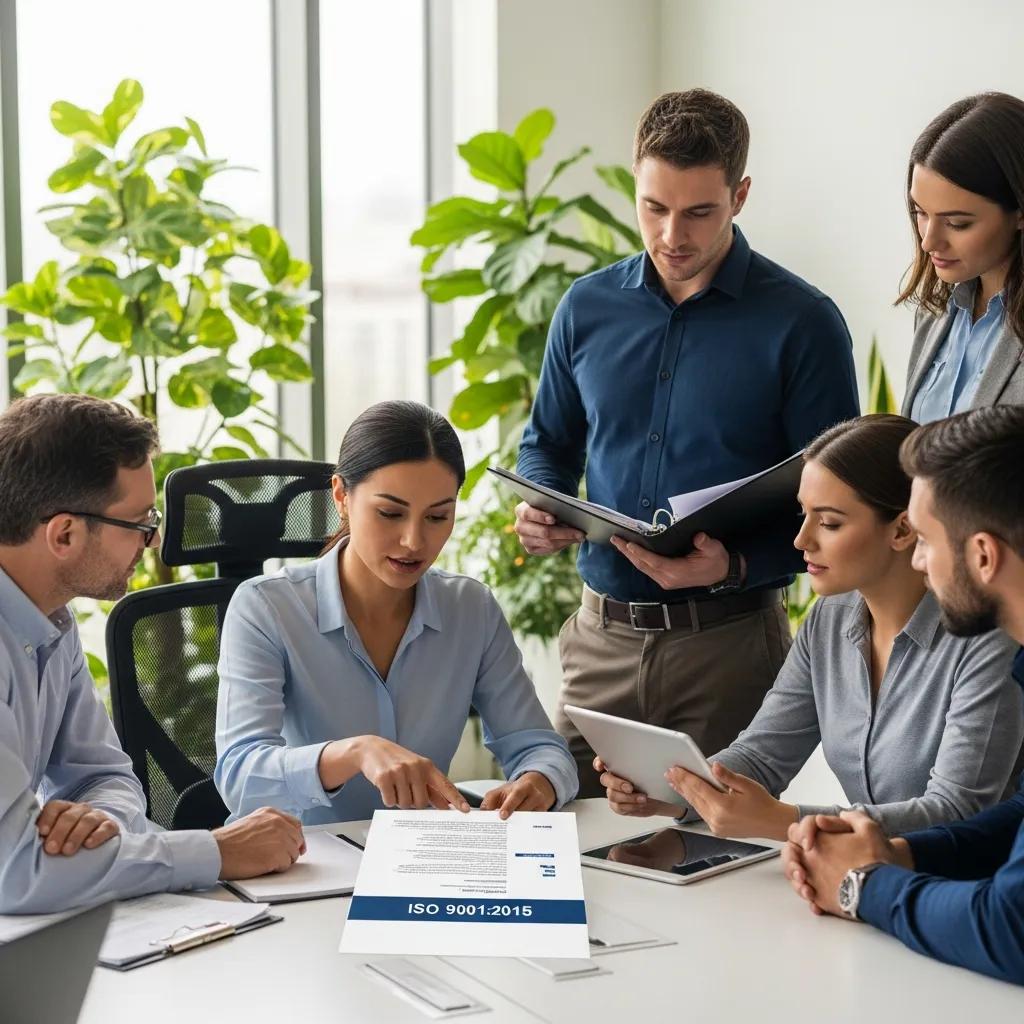Team bespreekt ISO-certificeringsdocumenten in modern kantoor, Stratlane NL inzicht.