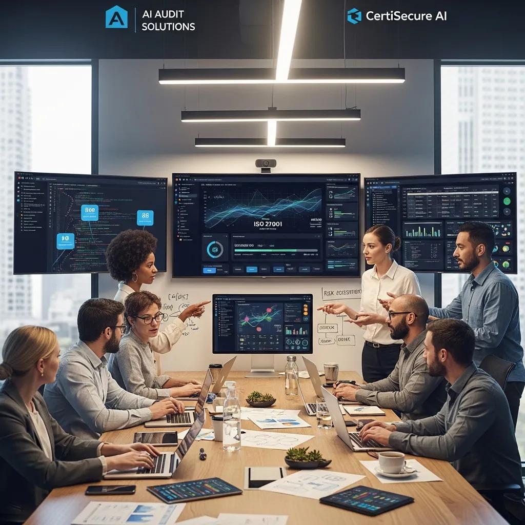Software professionals collaborating on AI audits for ISO 27001 certification.