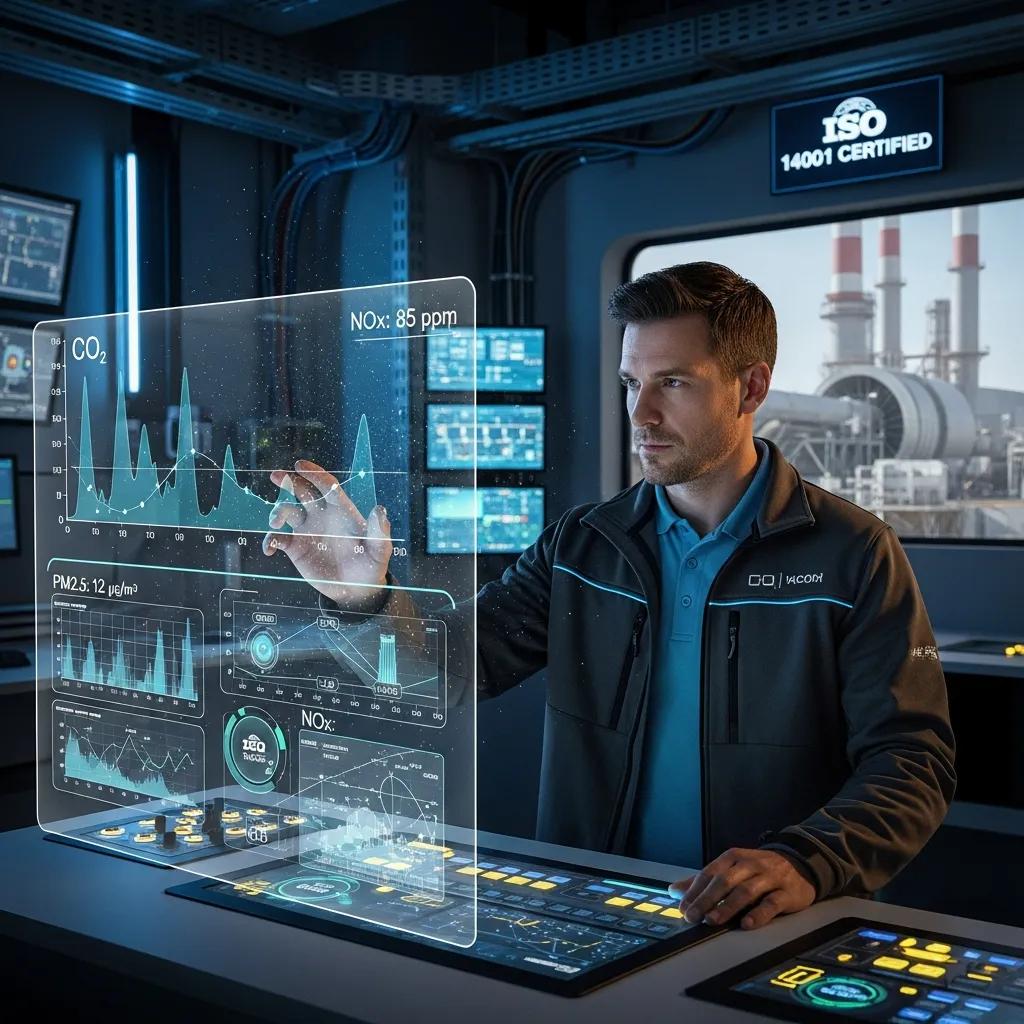Technicus monitort emissieniveaus met geavanceerde technologie in een faciliteit, ISO 14001 certificering en emissiebeheer.