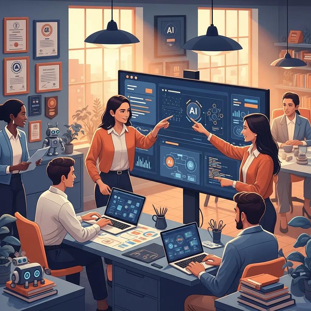 Team in modern kantoor collaborerend aan ISO 42001 AI-systeembeheer en risicomanagement.