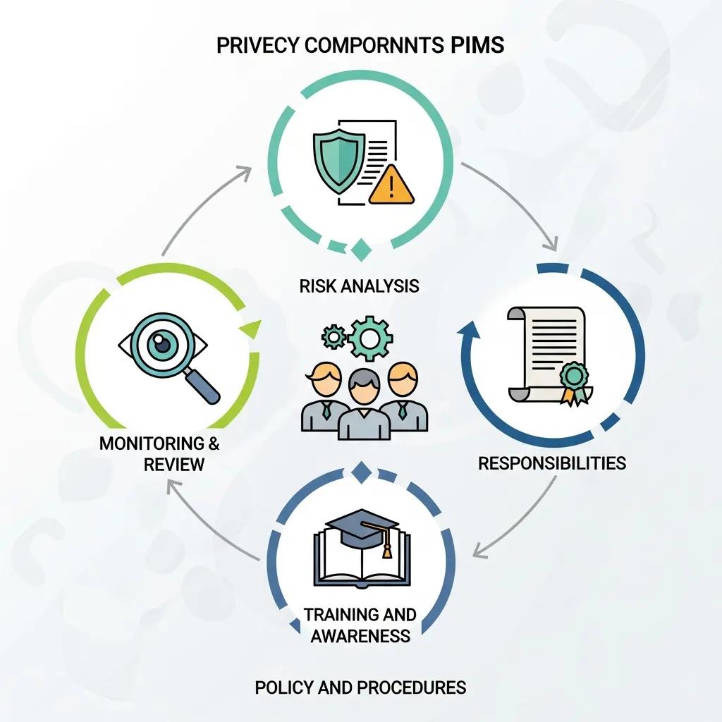 Visuele weergave van kerncomponenten PIMS: verantwoordelijkheden, risicoanalyse, training en monitoring.