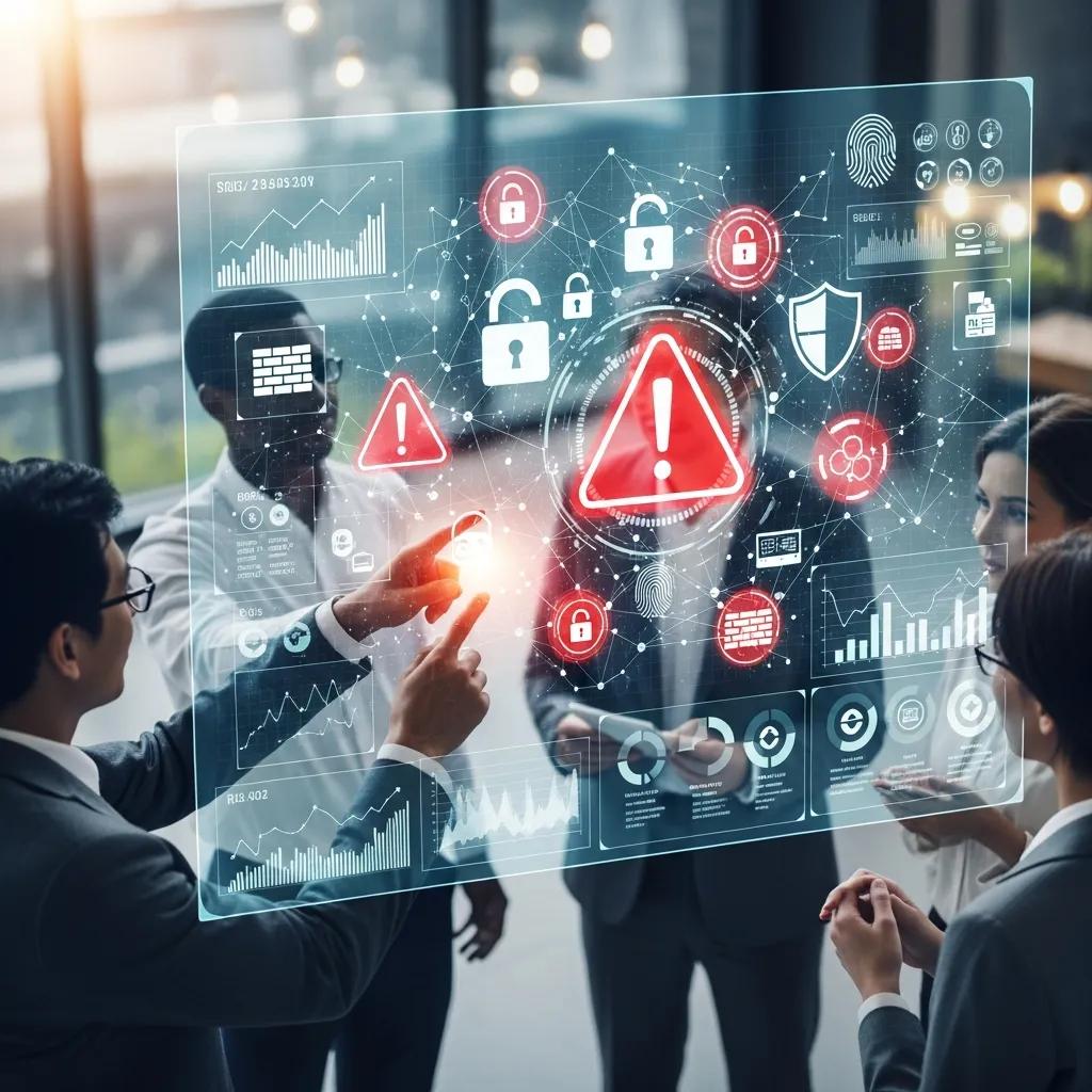 Visuele weergave van risicomanagement strategieën en beveiligingsiconen in ISO 27001 implementatie.