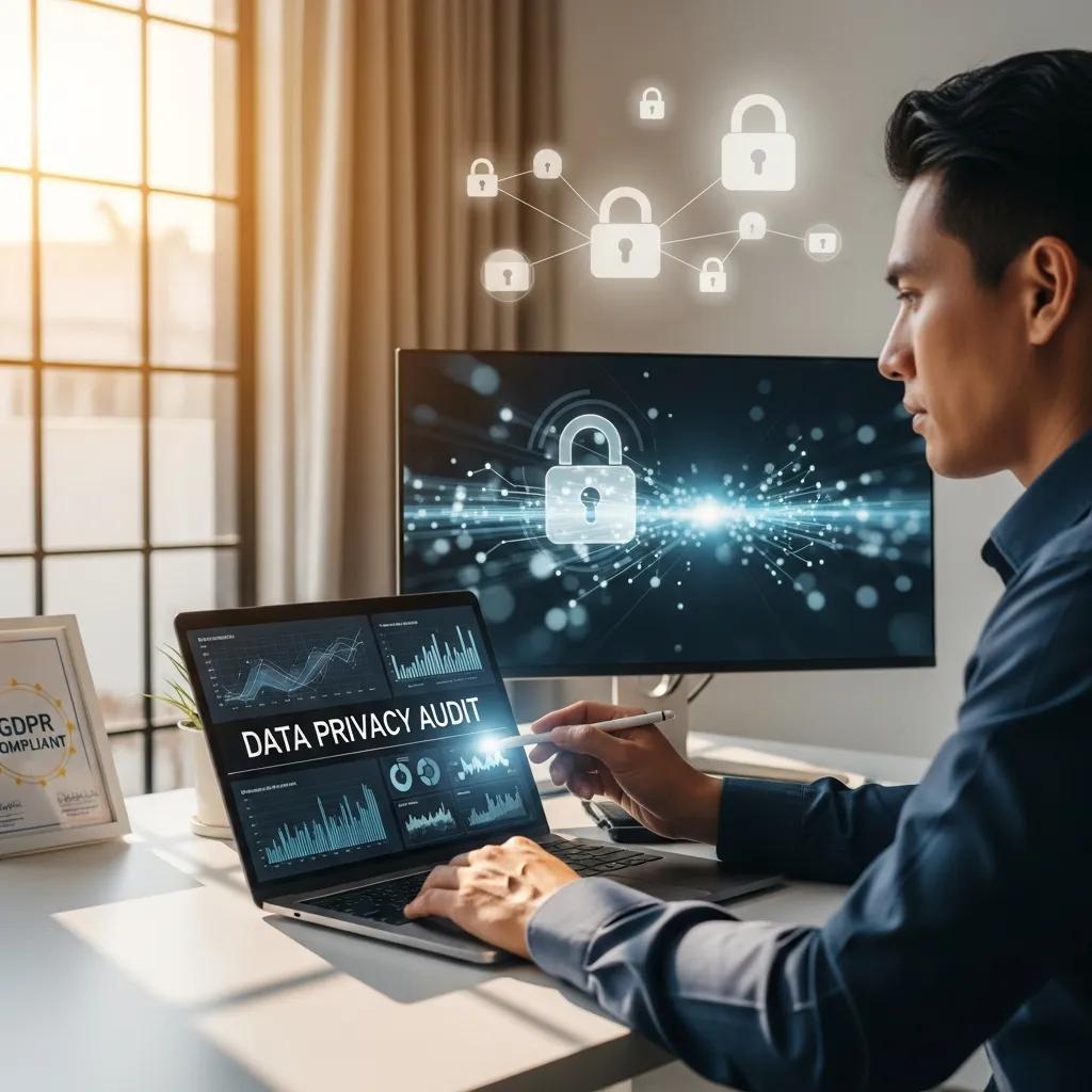 Man analysing data privacy audit on laptop, illustrerend ISO 27001 compliance en beveiligingsmanagement.