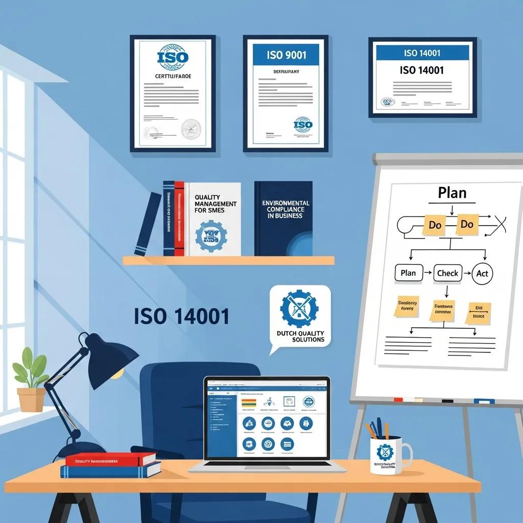 Workspace showcasing ISO 9001 and ISO 14001 standards with certifications and books relevant to Dutch SMEs