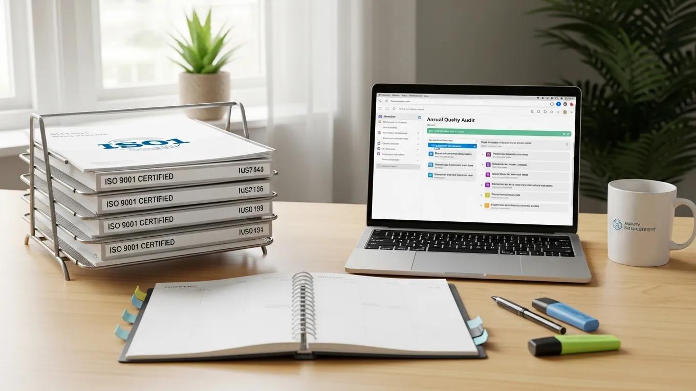 Workspace with planning materials for ISO 9001 audit preparation