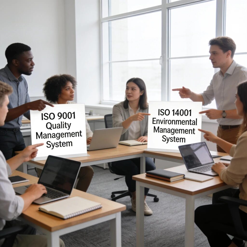 ISO 9001 en ISO 14001 auditdocumenten en kwaliteitsmanagement systeem discussie.