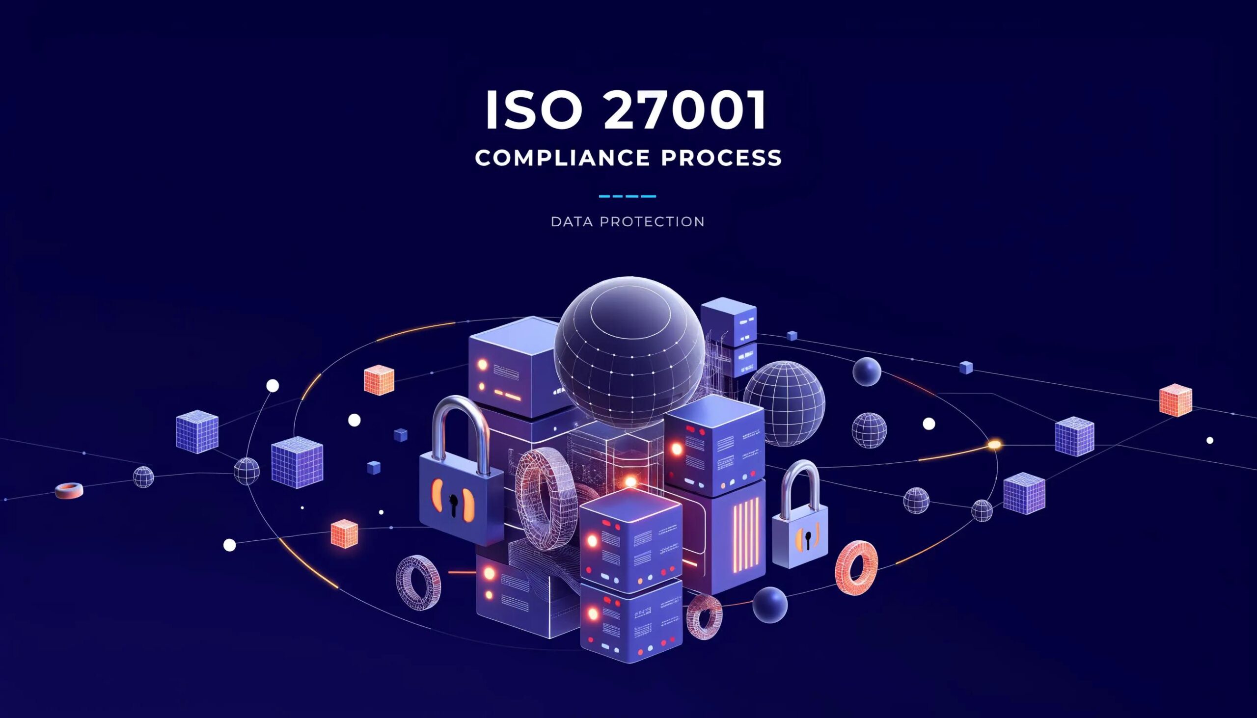 Abstract representation of ISO 27001 compliance with data security elements