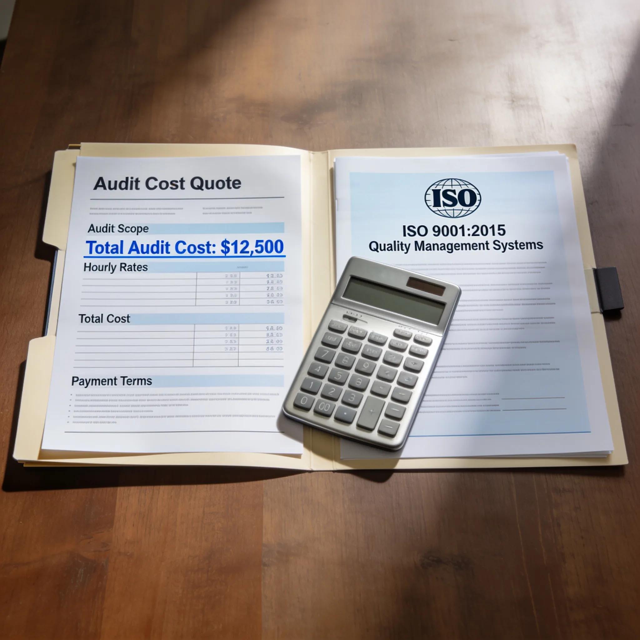 Image of an audit cost quote and ISO certification documents showcased in a professional setting