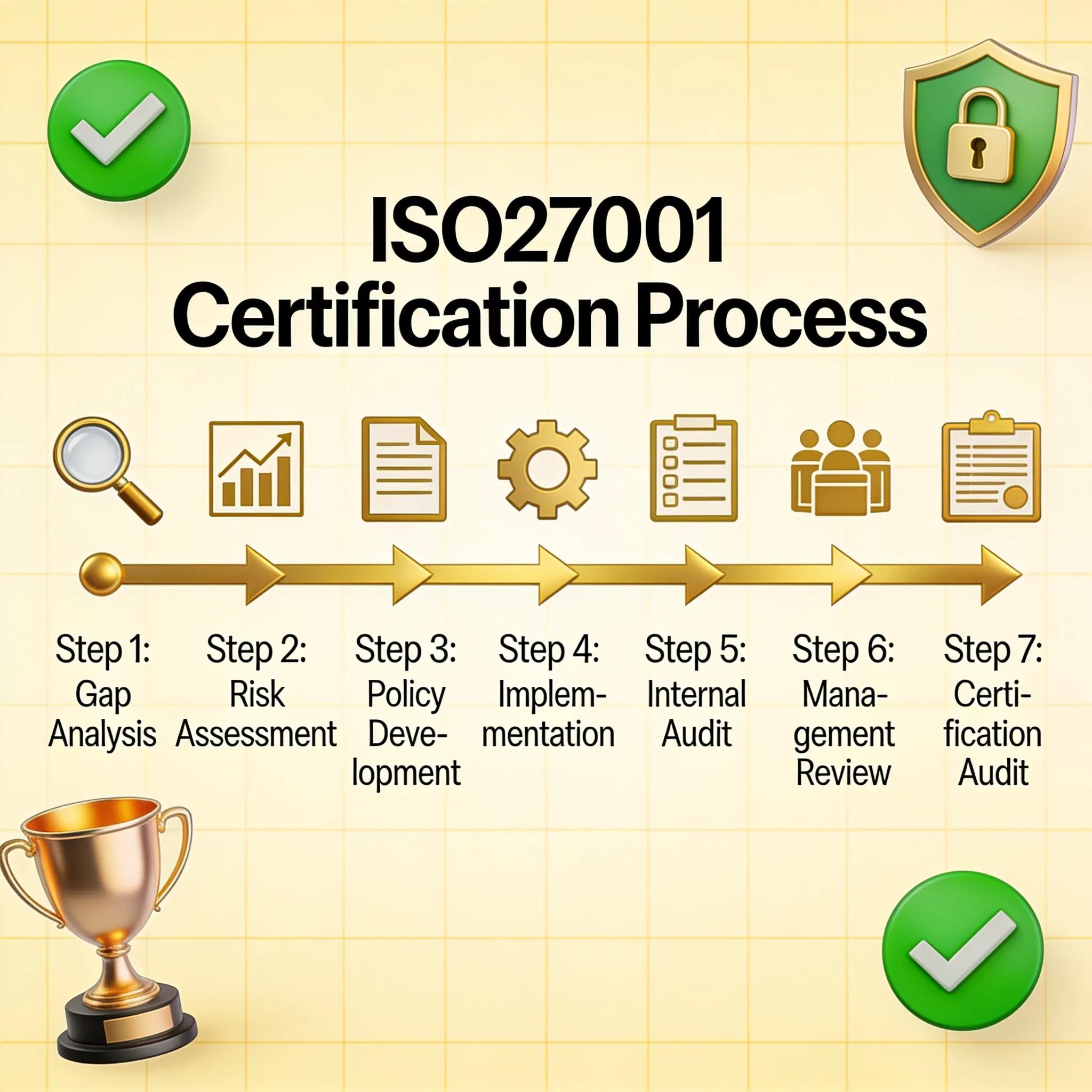 Visual representation of the ISO27001 certification process and steps with a motivational theme