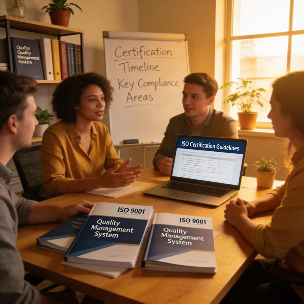 Team discussing ISO certification strategies with documents and a laptop in a cozy office setting, highlighting collaboration and quality management.