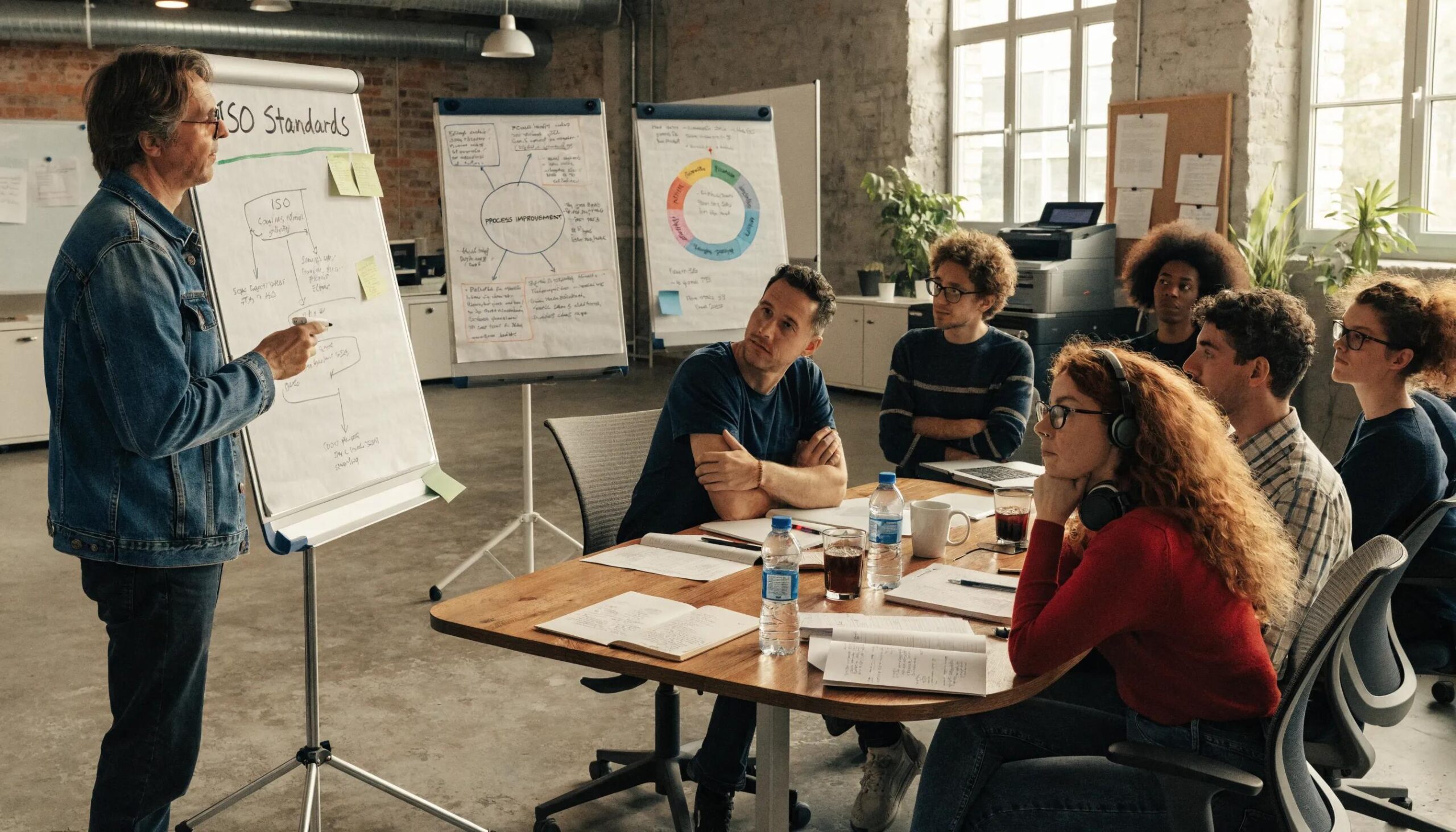 Man presenteren ISO-normen en auditvoorbereiding aan team in kantooromgeving.