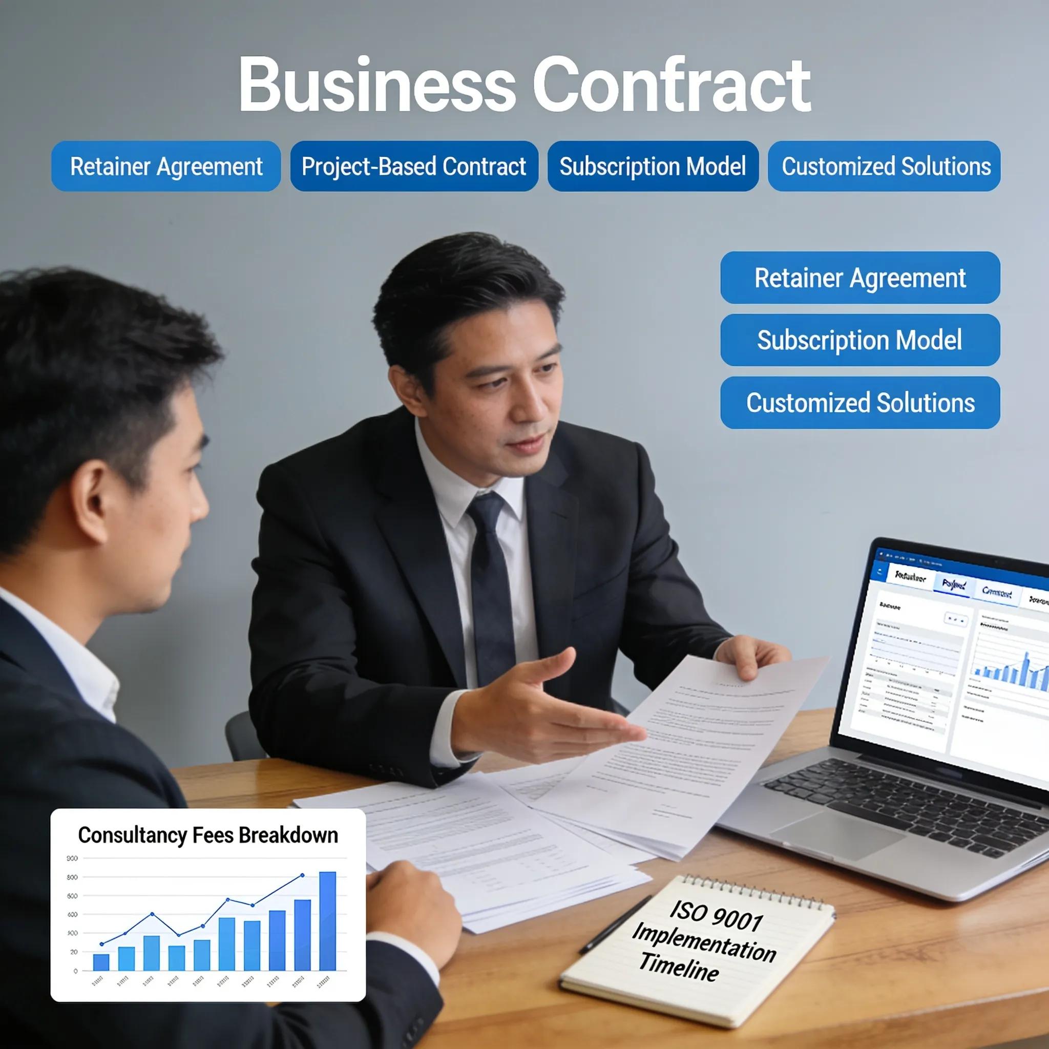 Consultant explaining contract options to a client, focusing on ISO consultancy costs and agreements