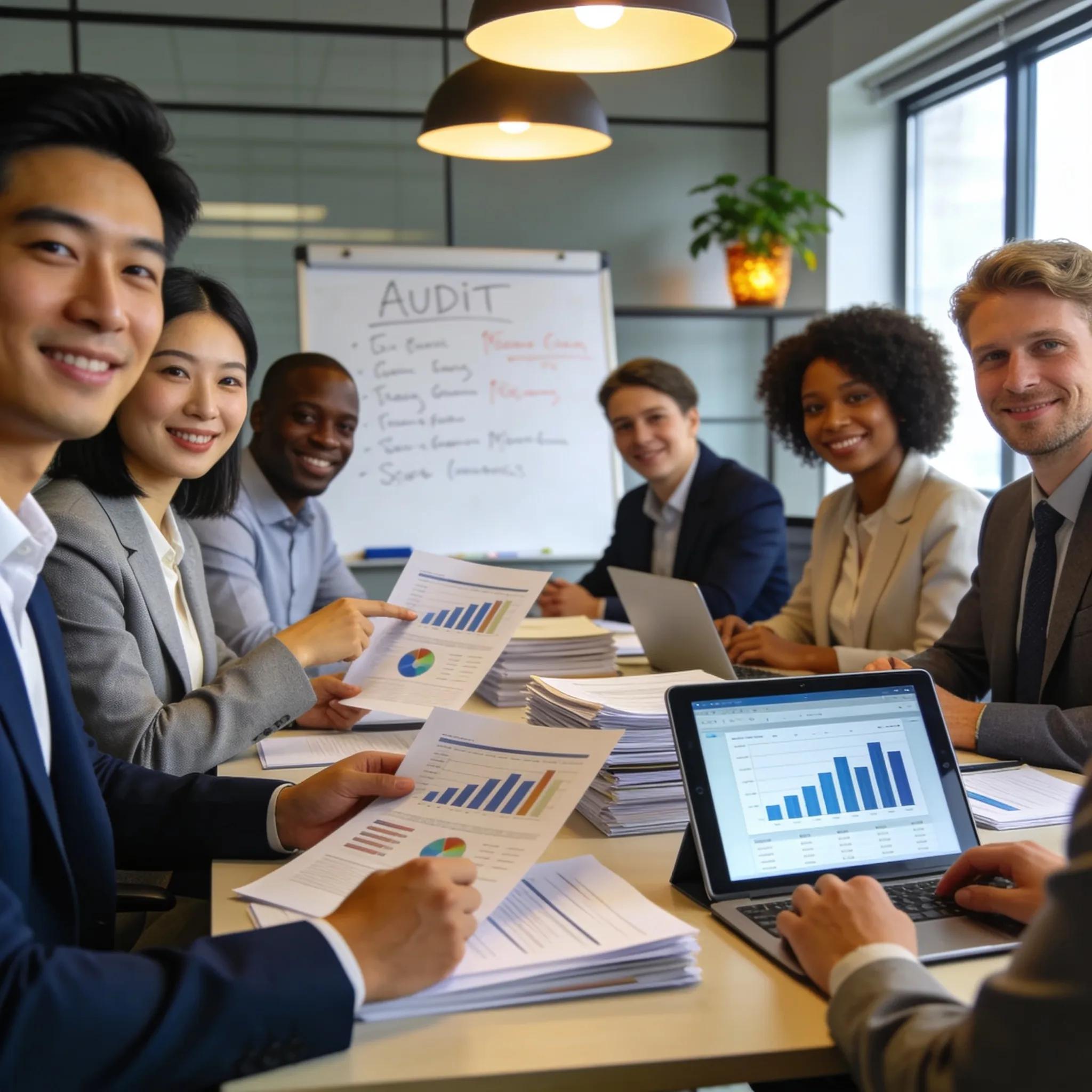 Team van auditors in kantooromgeving, glimlachend en samenwerkend aan auditbevindingen en rapportage, met grafieken en