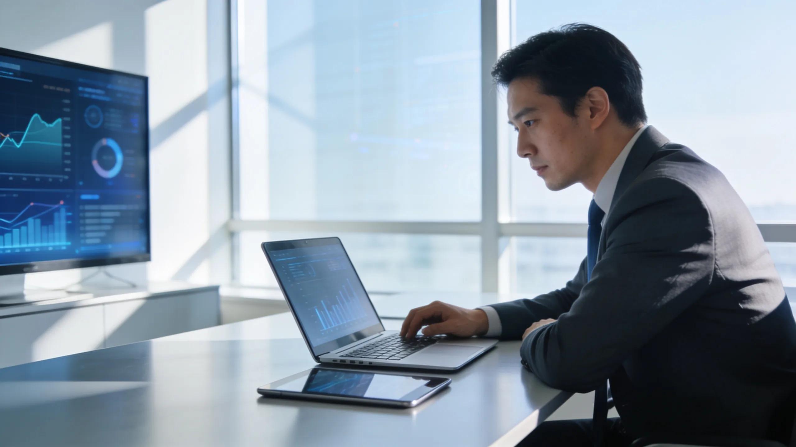 Professional using digital tools for advanced auditing processes in a modern workspace