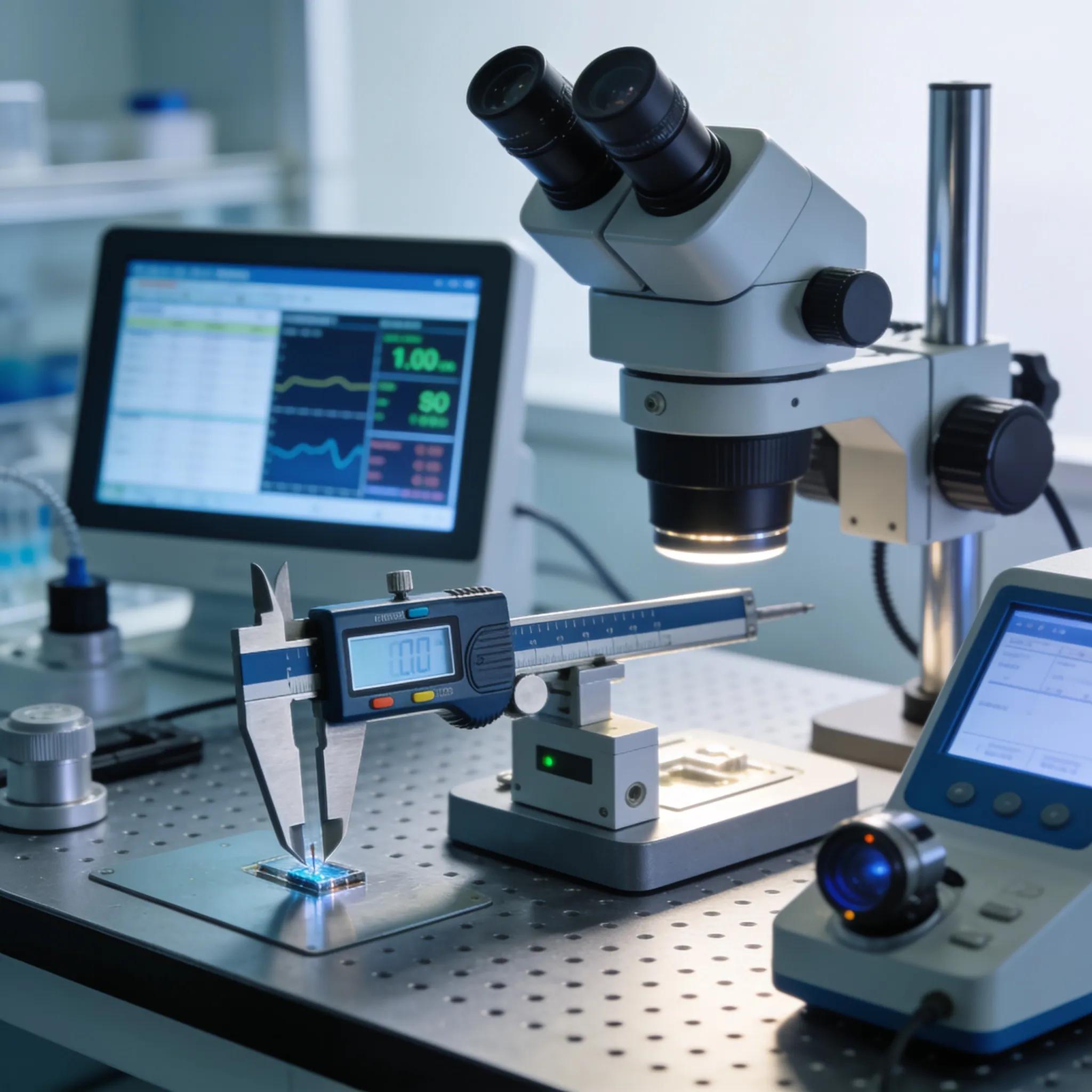Microscoop en meetinstrumenten in laboratoriumomgeving voor kwaliteitsbewaking en certificering.