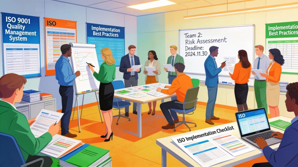 Group of professionals collaborating in a hands-on ISO implementation workshop