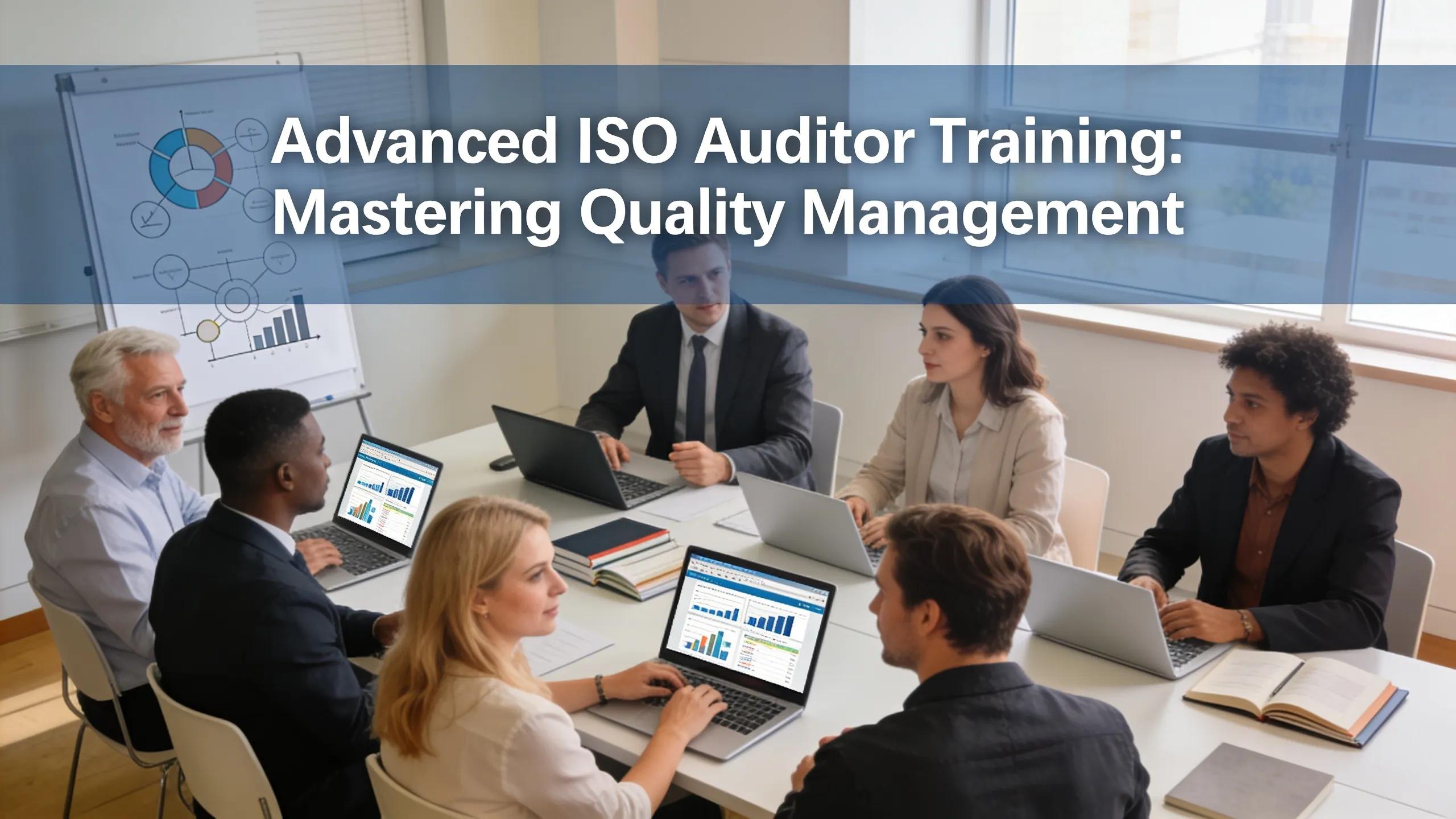 Groep ervaren ISO-auditors in vergadering, laptops en grafieken illustreren advanced auditor training.