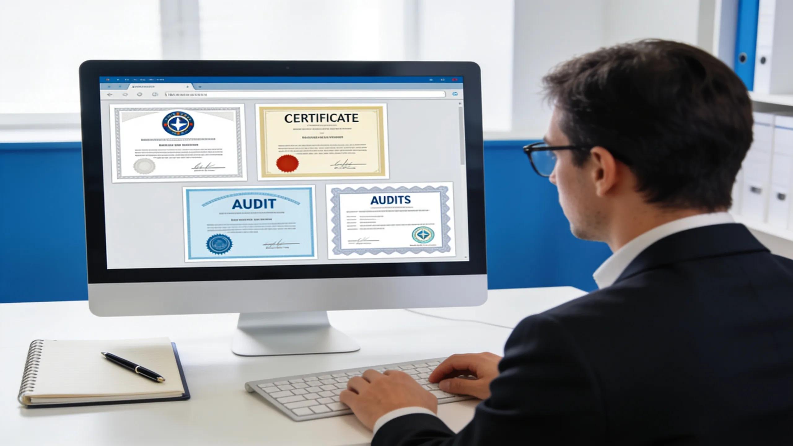 Professional auditor reviewing compliance of certificate logos in an office environment