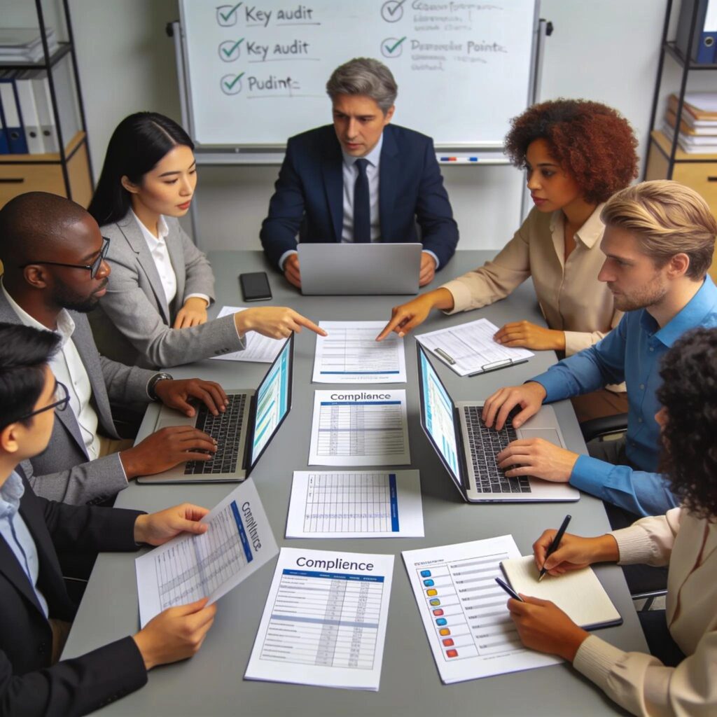 Diverse team engaged in meertalige audits for global compliance