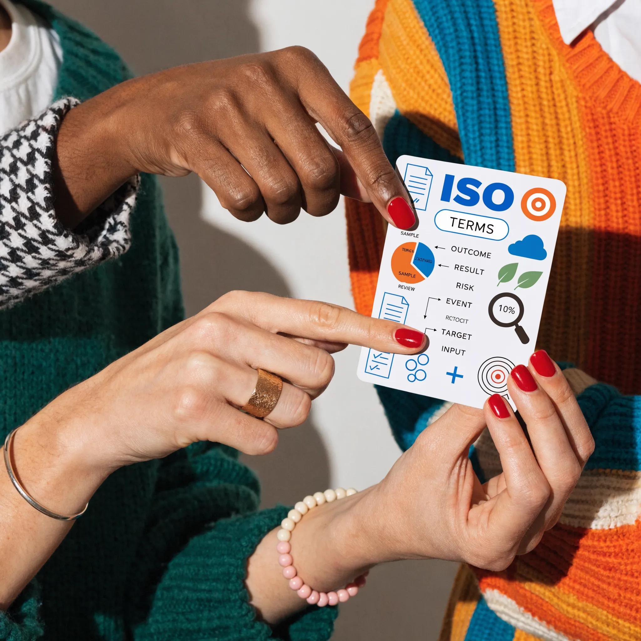 Vrouw die ISO quickcard vasthoudt met termen, iconen en visuele uitleg voor certificeringseisen.