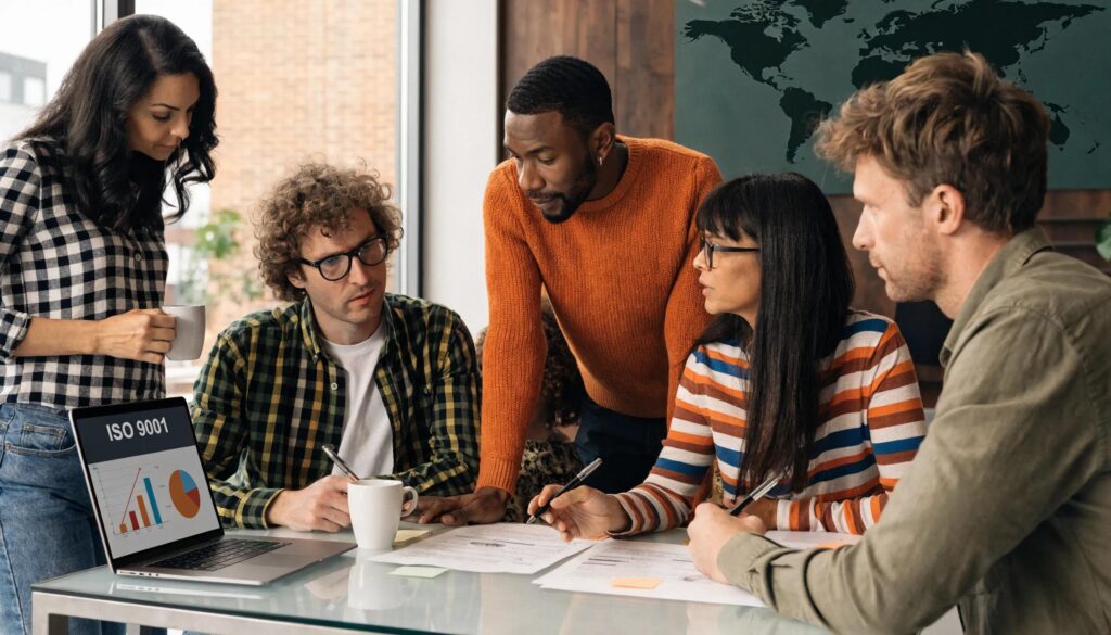 Diverse team discussing ISO certifications in a modern office setting