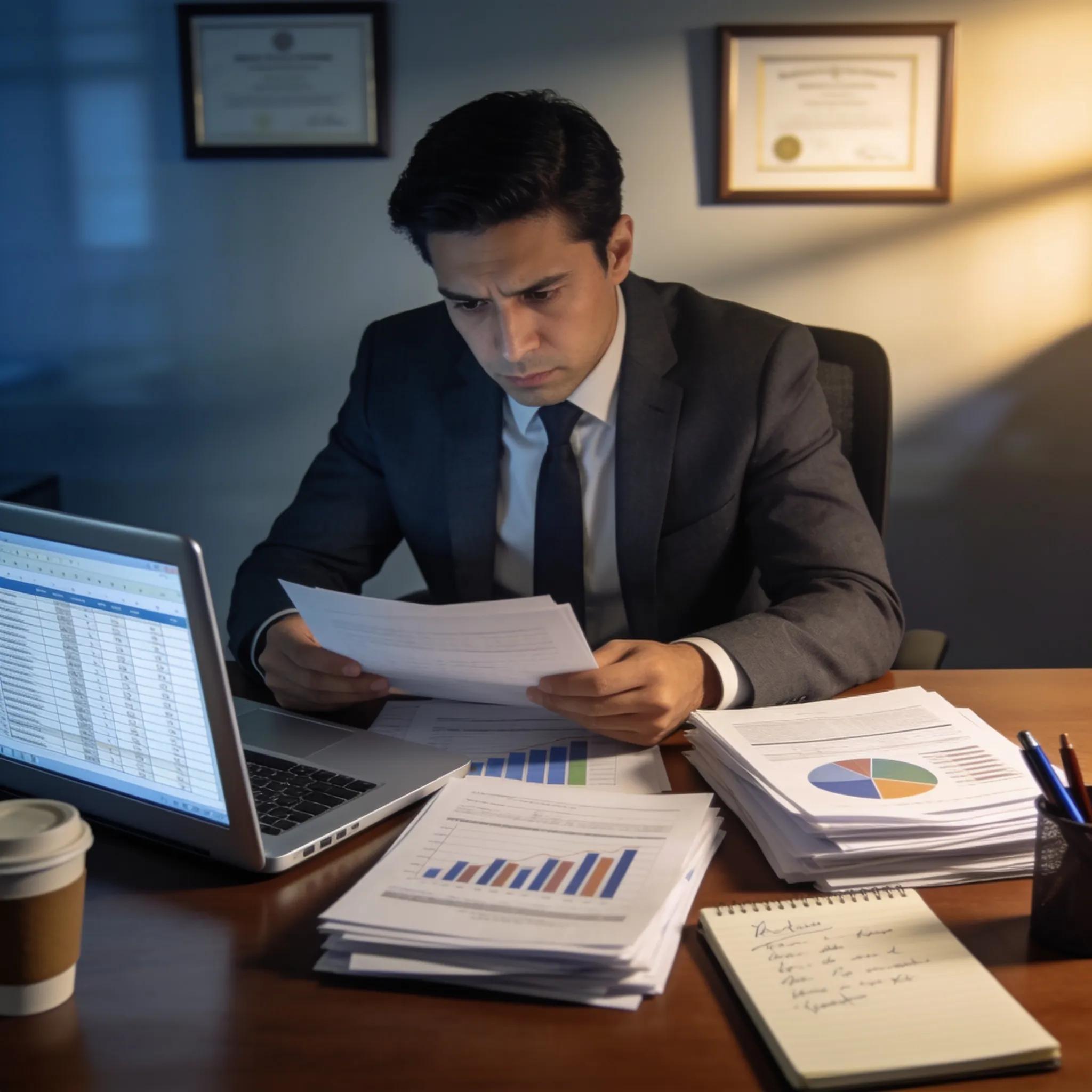 Auditor bestuderen financiële documenten en grafieken, illustratie van ethische normen en compliance.