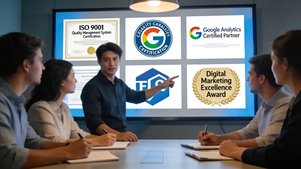 Man presentatie geven over ISO 9001 certificering en digitale marketing excellentie in Amsterdam.