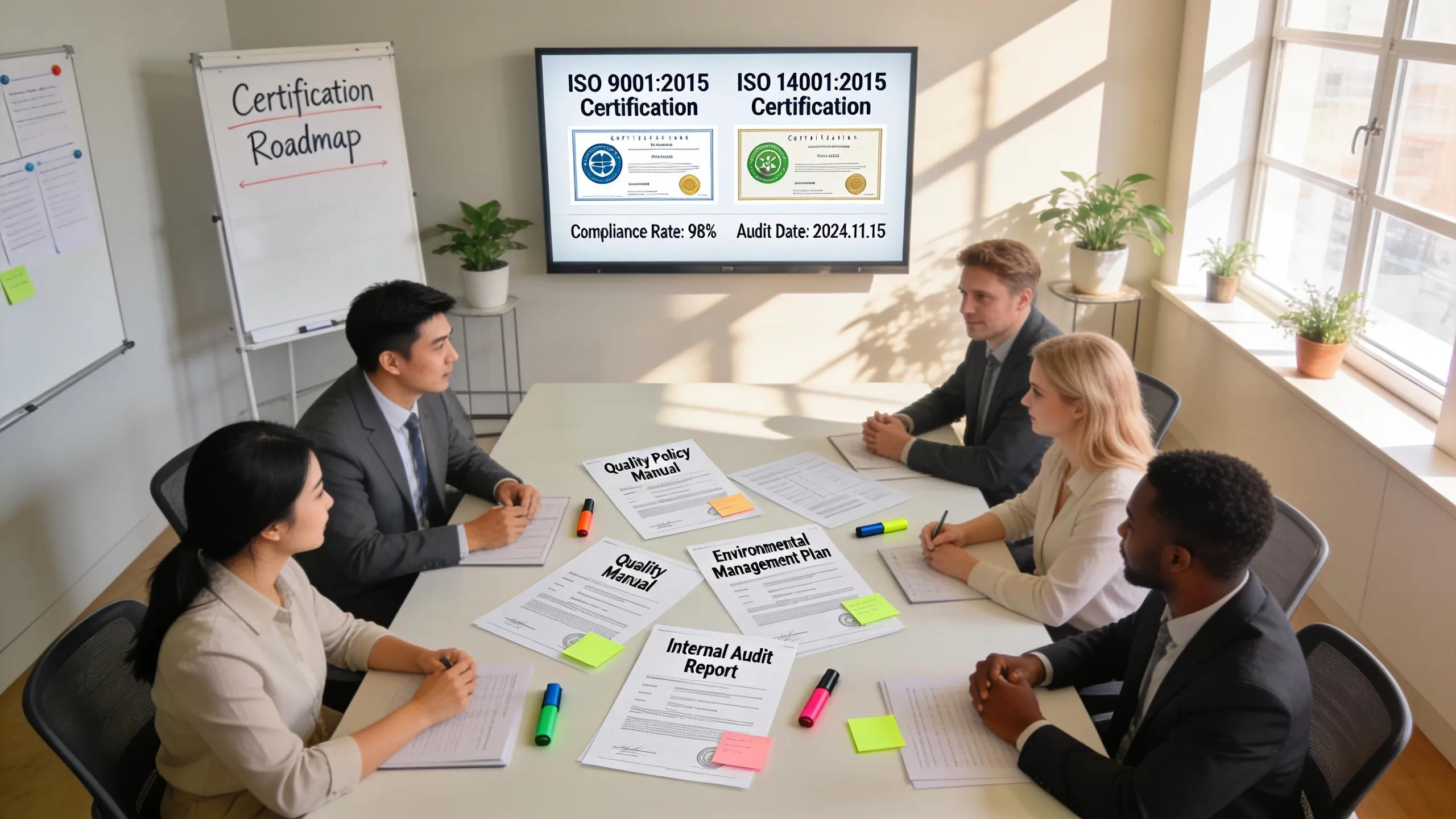 Team bespreekt ISO-certificering, waaronder ISO 9001 en ISO 14001, met documenten en een scherm met