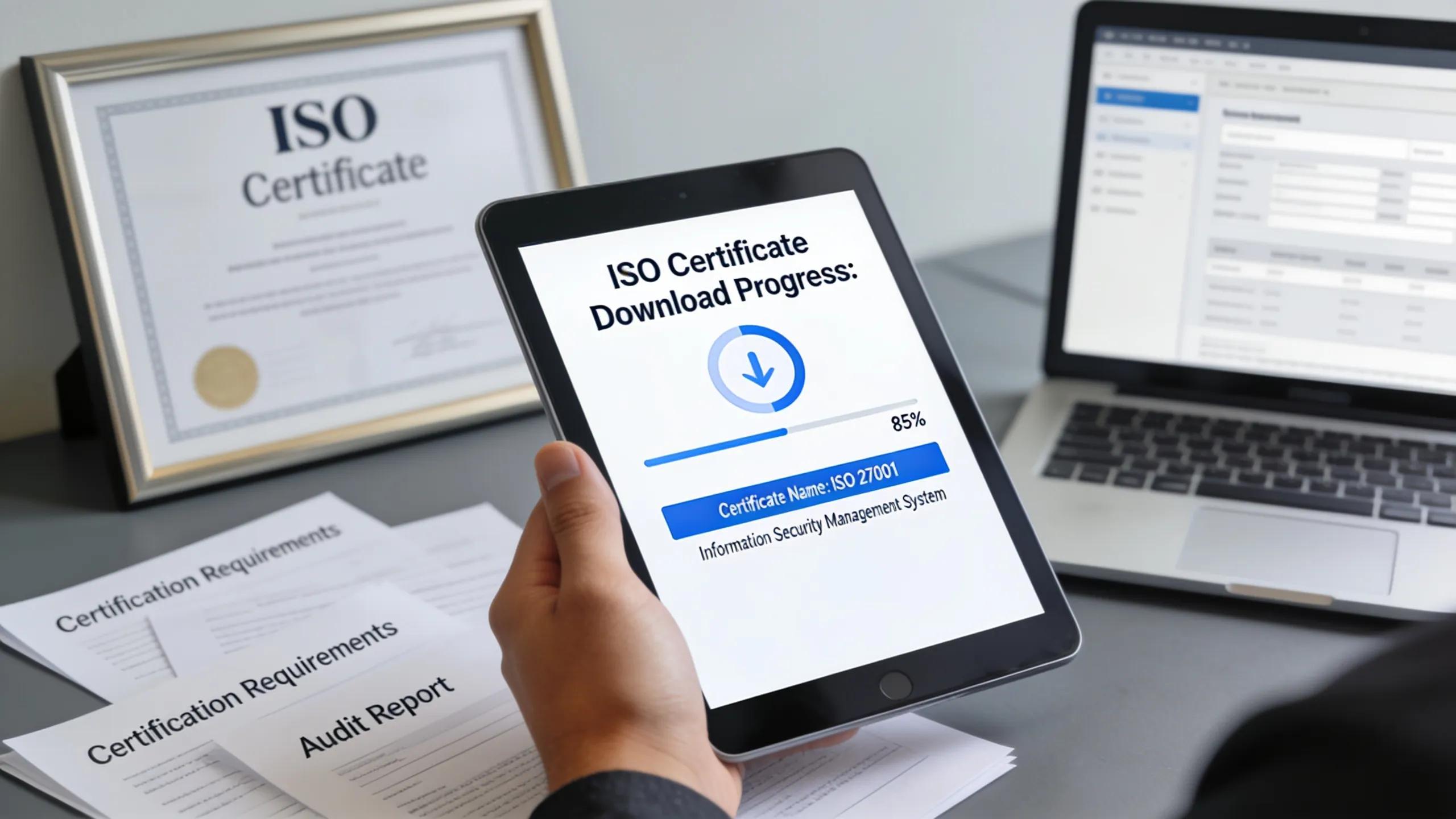 User downloading ISO certificates on a tablet in a focused office setting