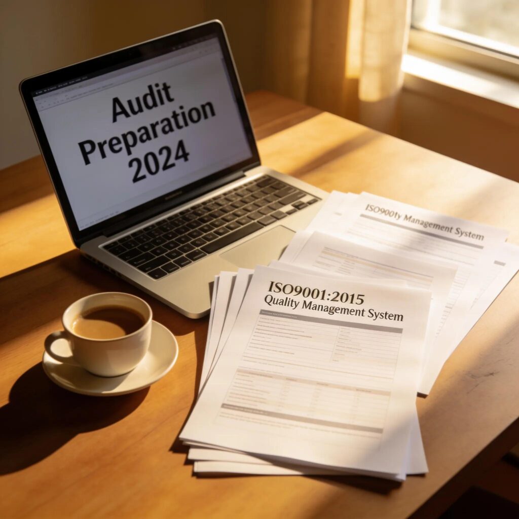 A professional workspace with a laptop, ISO9001 audit preparation materials, and a cozy cup of coffee