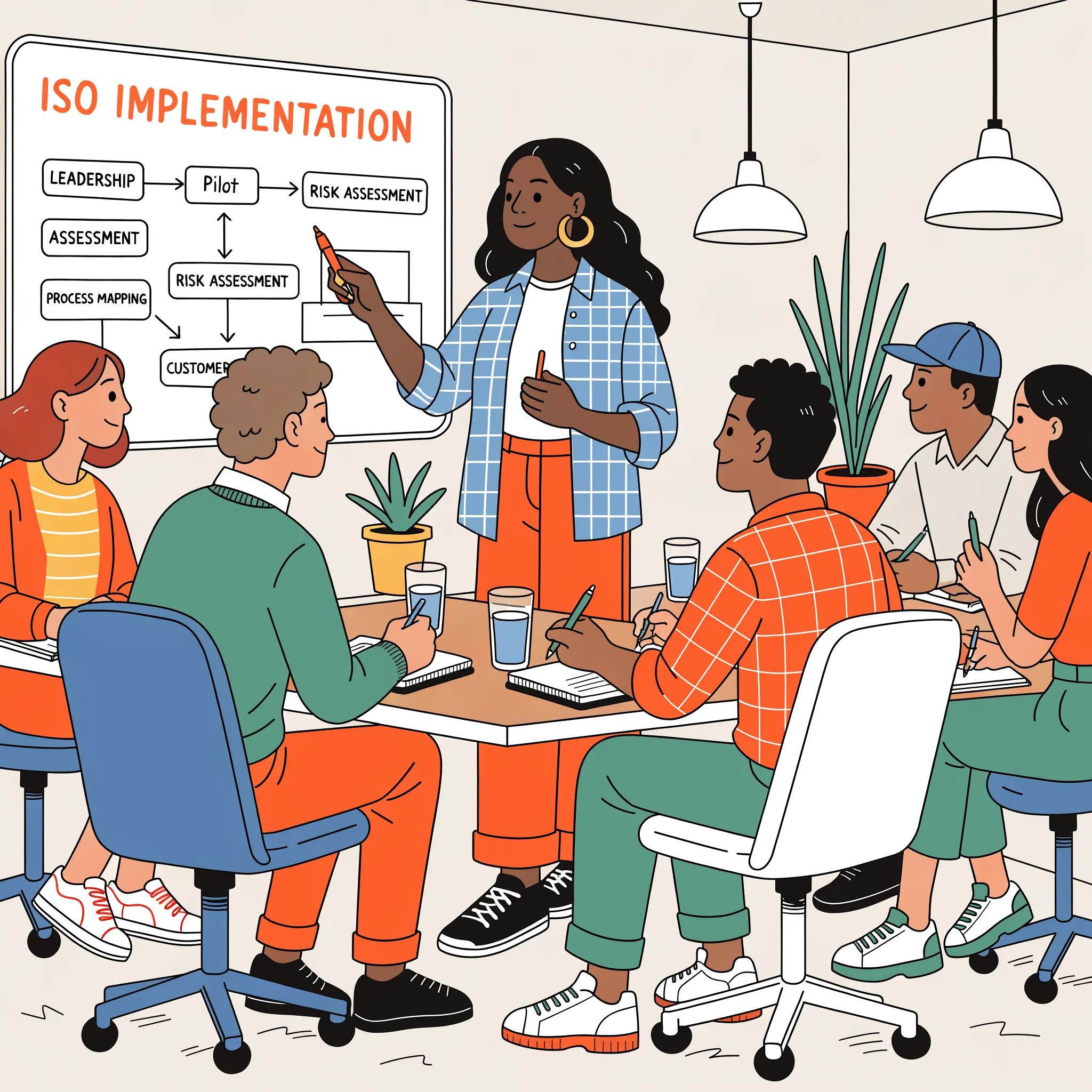 Vrouw presenteert ISO implementatie proces aan team, inclusief risico-inventarisatie en procesafstemming.