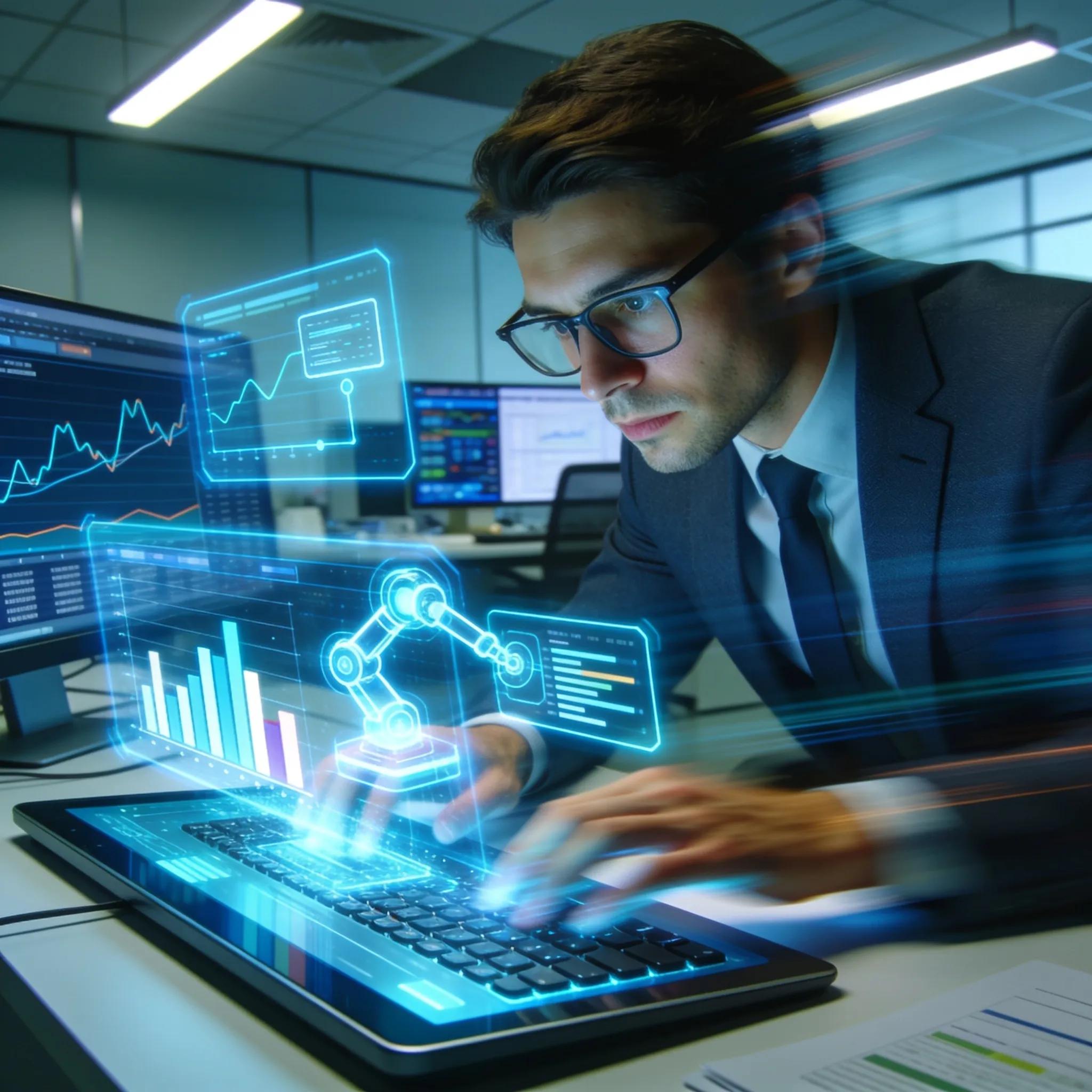 Man met bril bestudeert AI-auditsoftware en data-analyse op tablet en scherm.