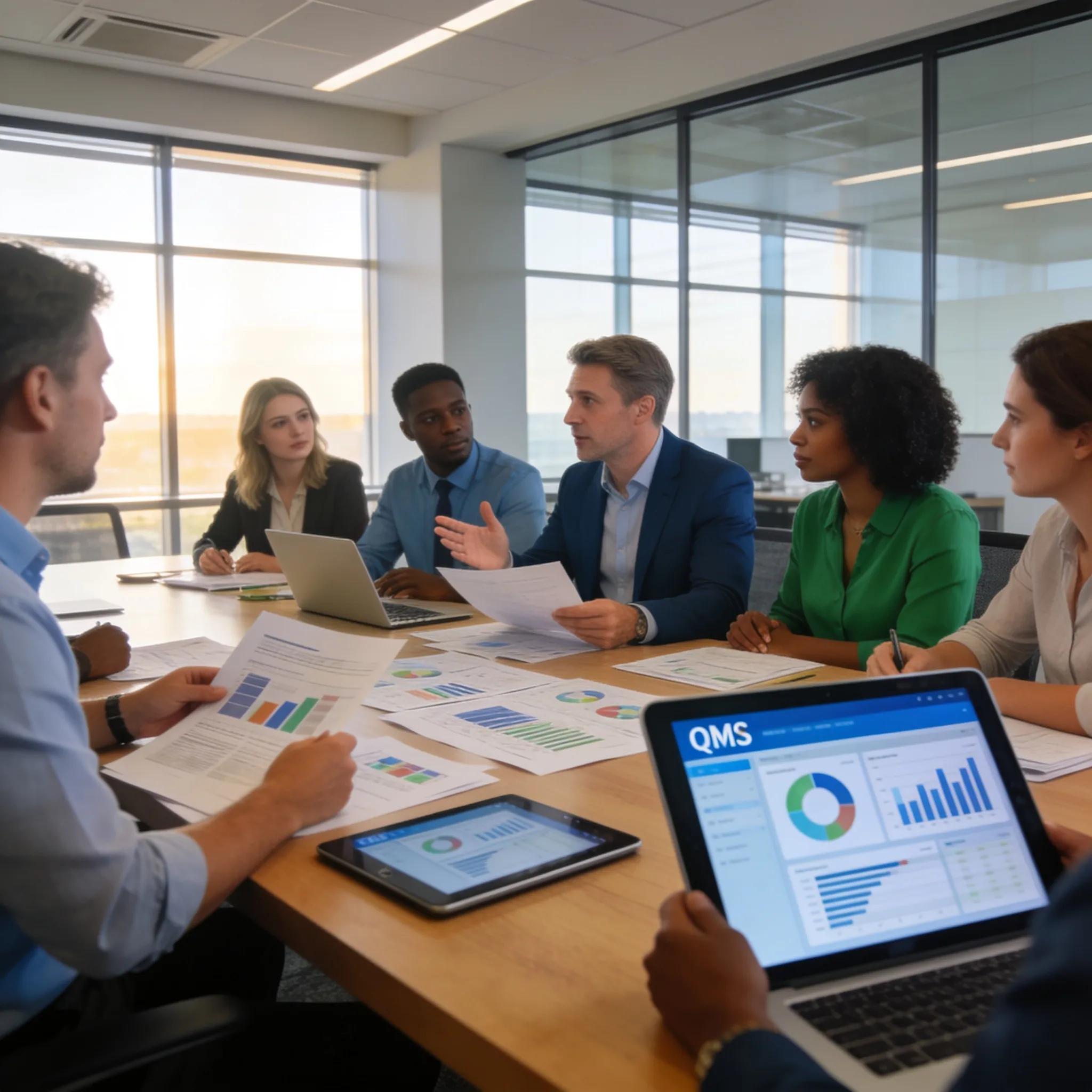 Zakelijke bijeenkomst met team besprekend ISO implementatie en kwaliteitsmanagement (QMS) certificering.