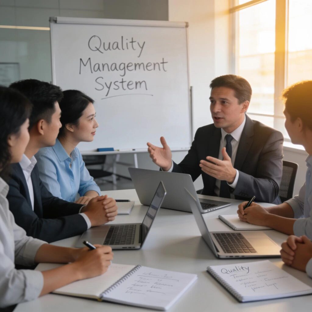 ISO consultant collaborating with a team in a modern office setting, reflecting teamwork and quality management focus