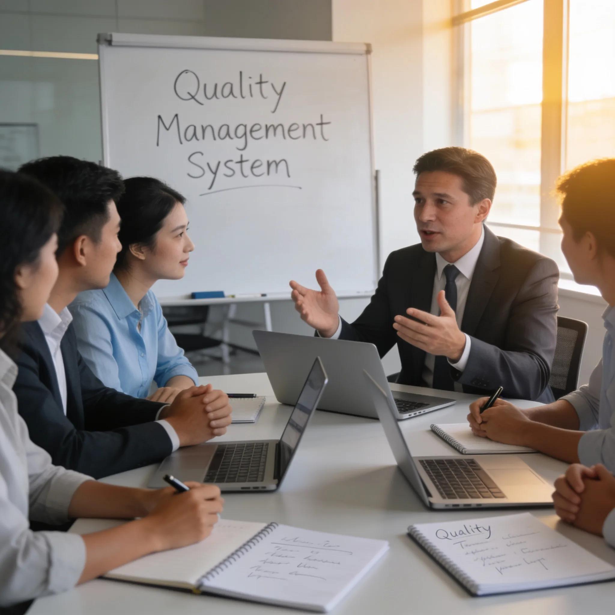 Team bespreekt kwaliteit management systeem en ISO certificering.