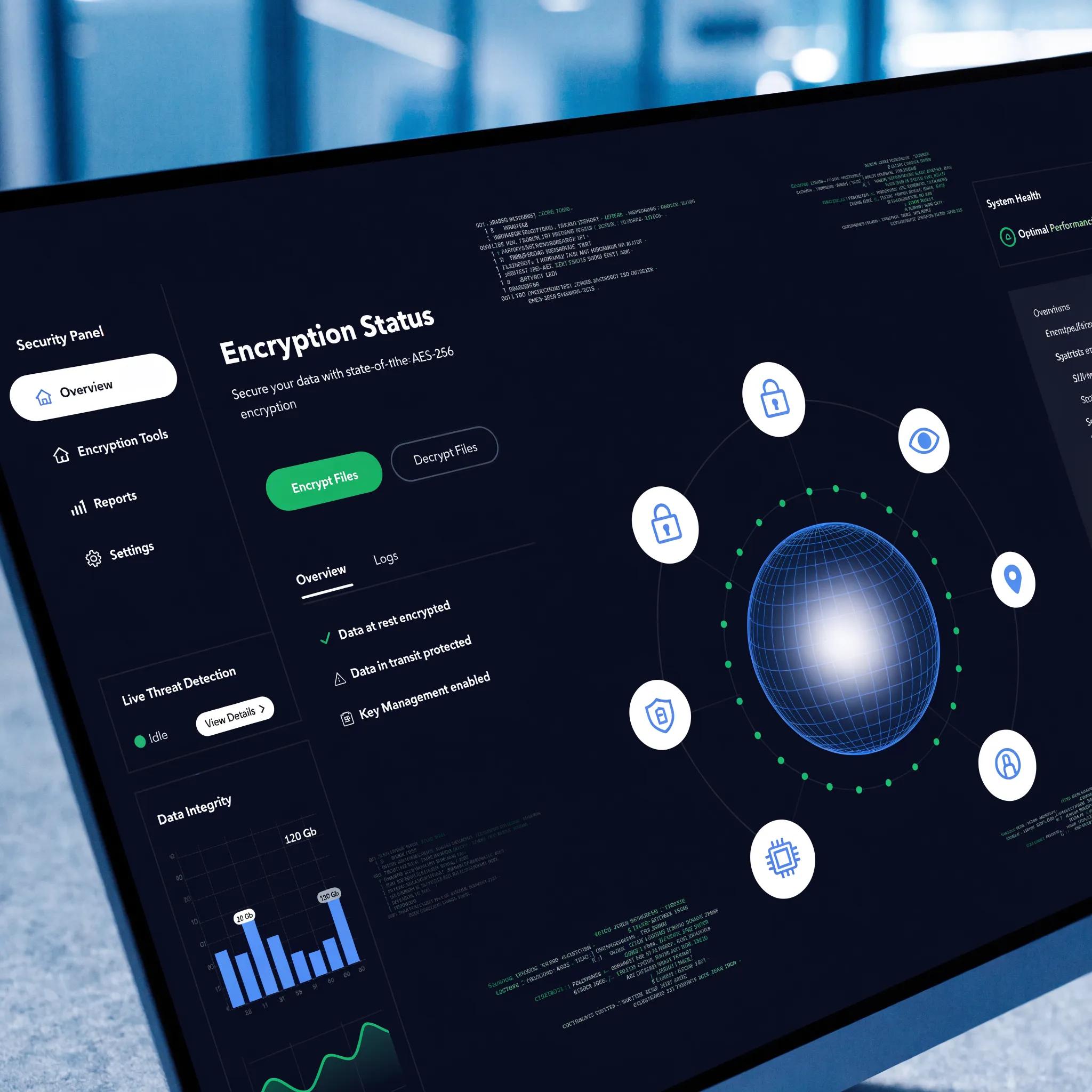 Beveiligingsdashboard met encryptiestatus en AES-256 encryptie, illustrerend data-encryptie en toegangscontrole voor ISO 27001 compliance.
