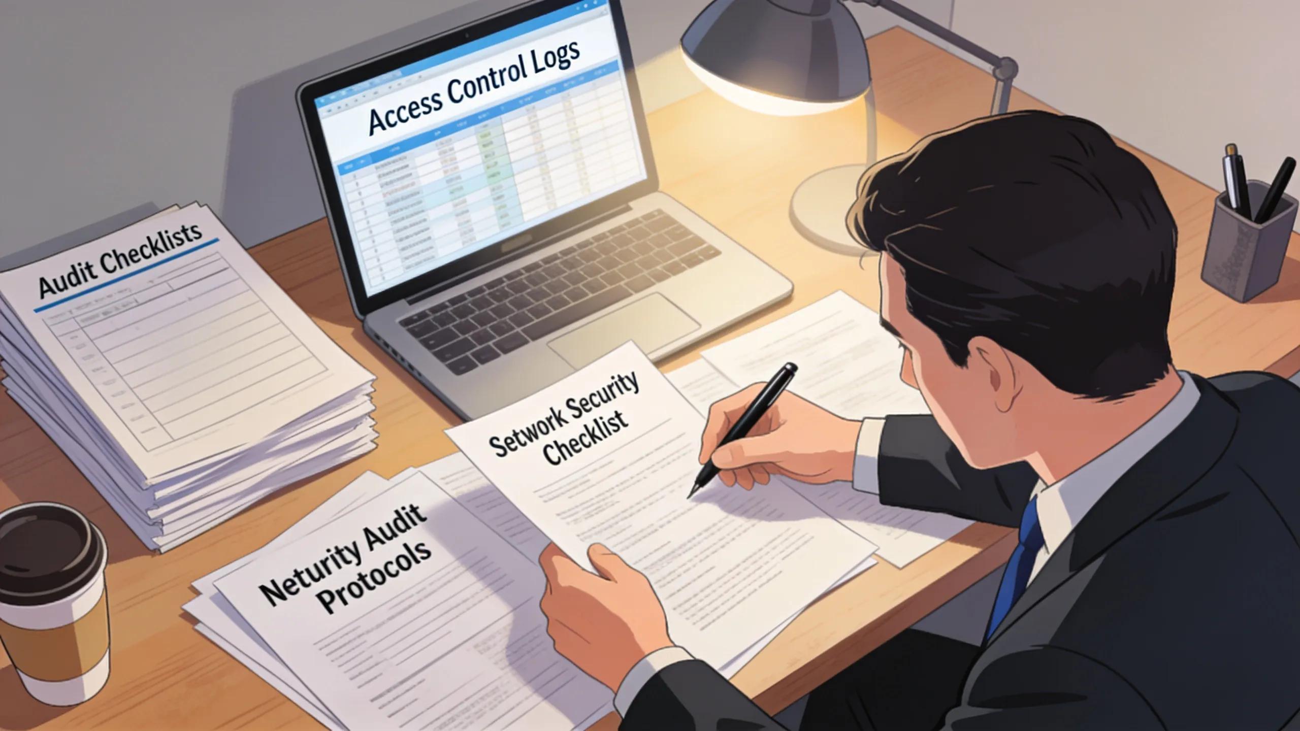 Professional conducting an information security audit with a checklist and documents