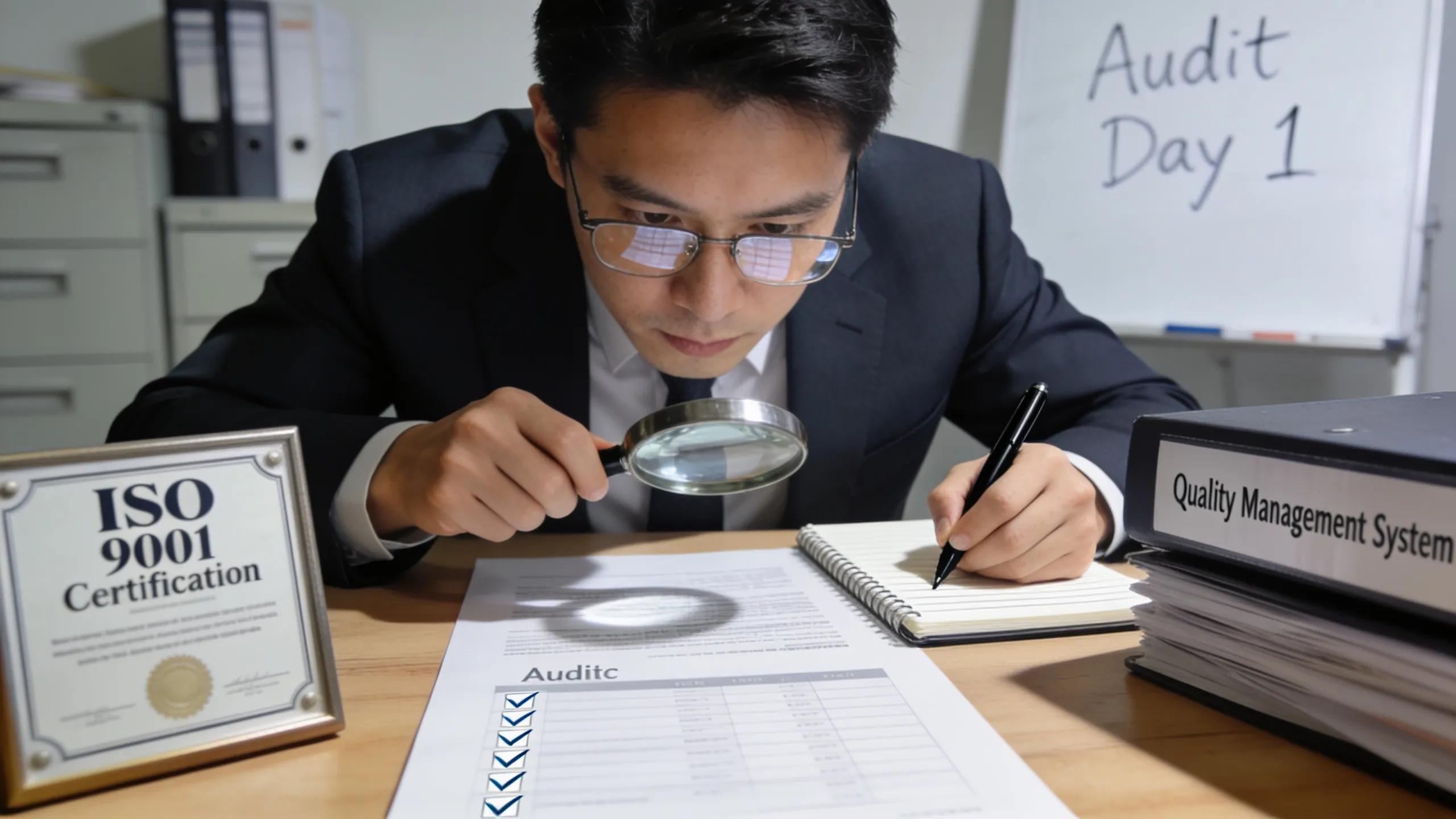 Certified auditor reviewing ISO certifications and documentation during an audit