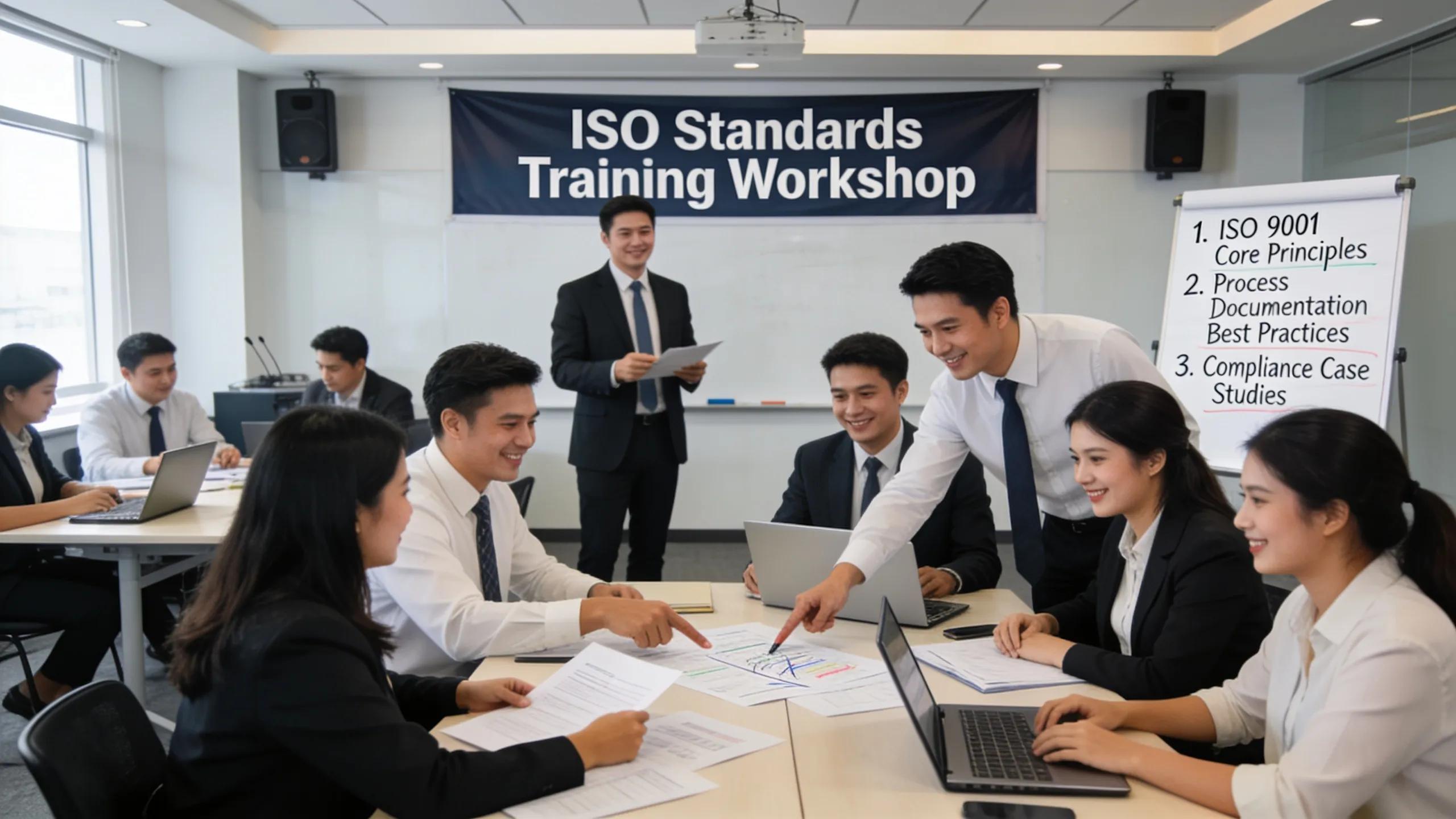 ISO-norm training workshop met directie en management, bespreking van auditvoorbereiding en kwaliteitsmanagement.