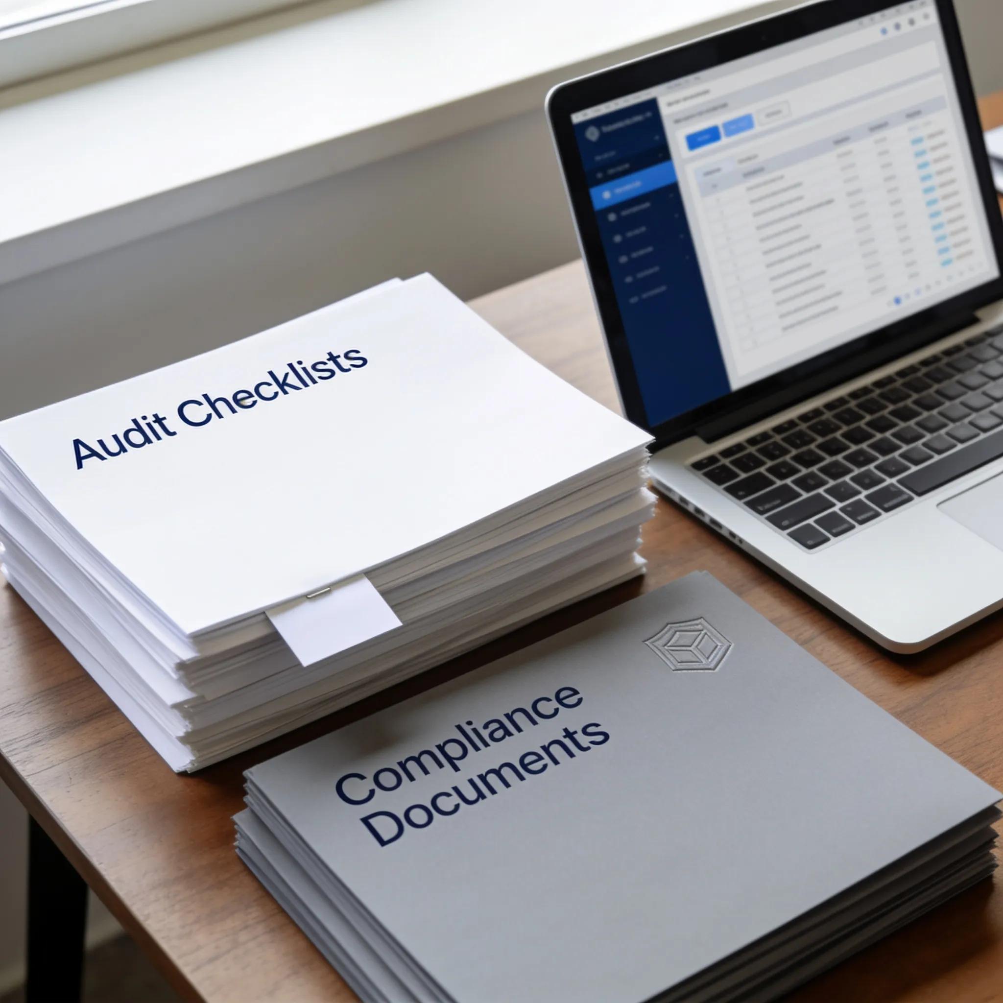 Audit checklists en compliance documenten naast een laptop voor auditvoorbereiding.