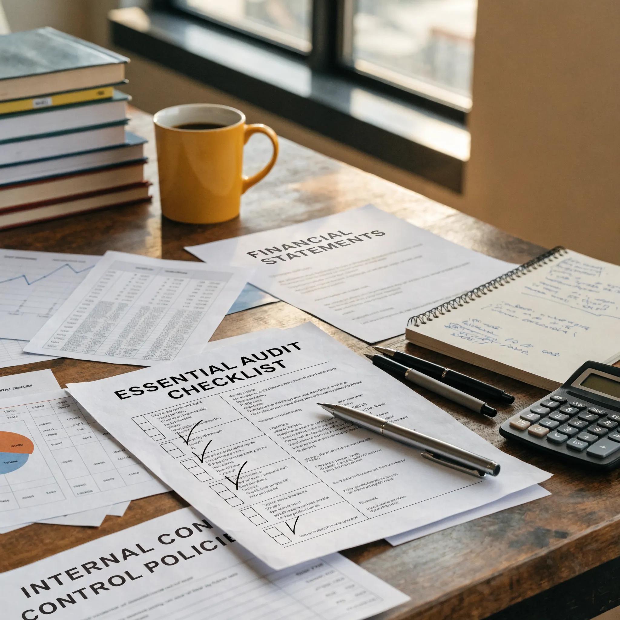 Auditdocumenten en checklists op bureau, inclusief financiële overzichten en interne controle policies.