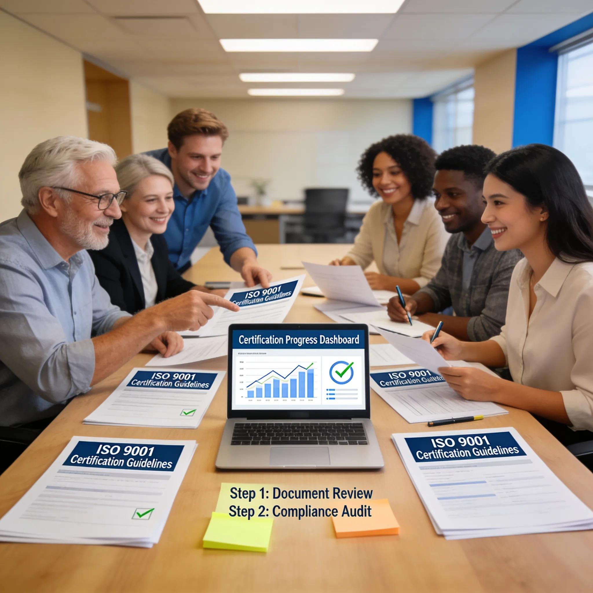 Team vergadering rondom laptop met ISO 9001 certificering progress dashboard en documenten, illustrerend een versneld
