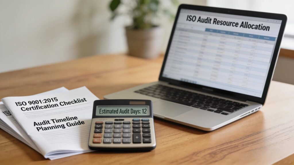 Calculator on an office desk highlighting ISO certification and audit planning tools