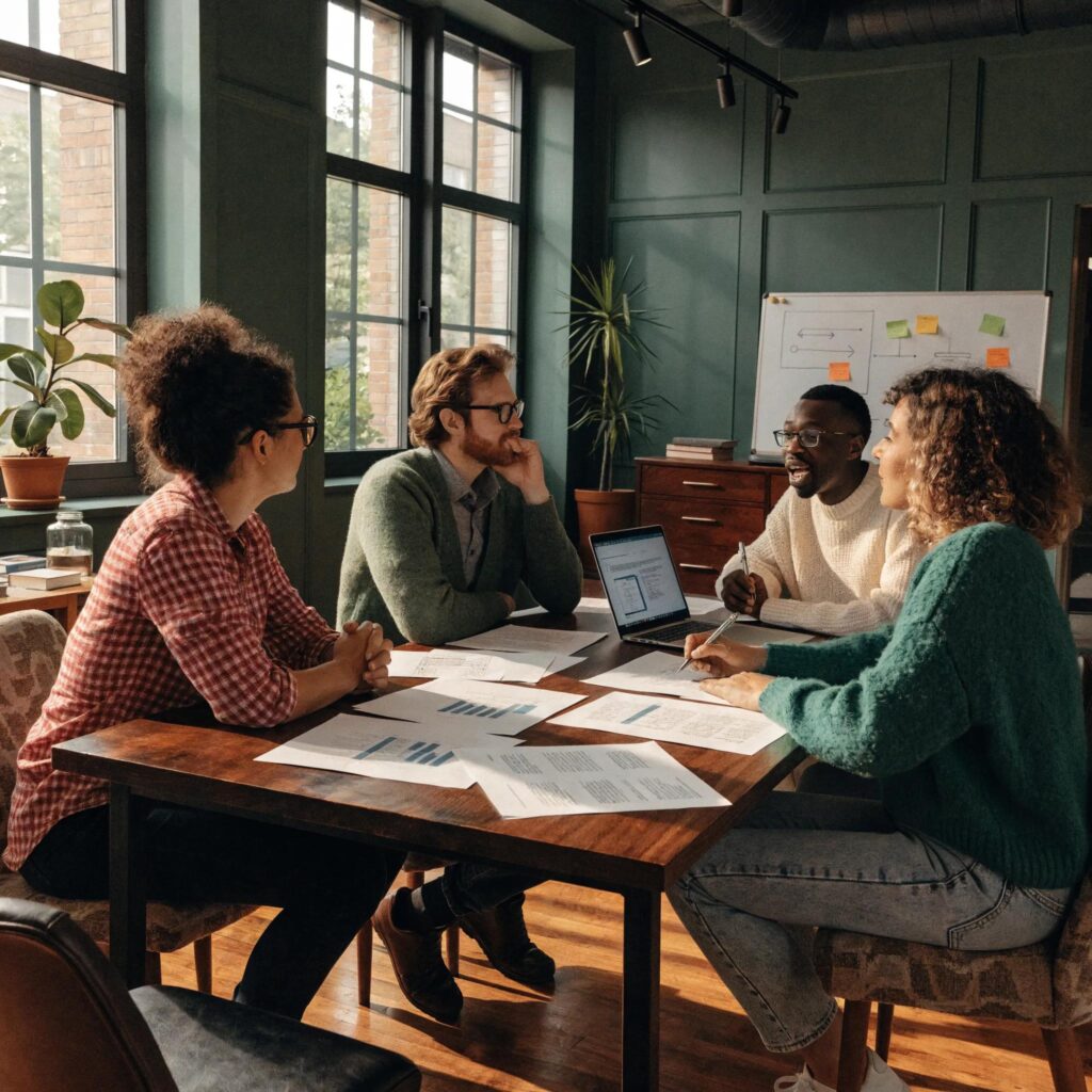 Discussion on ISO certification and internal compliance methods in a modern office environment