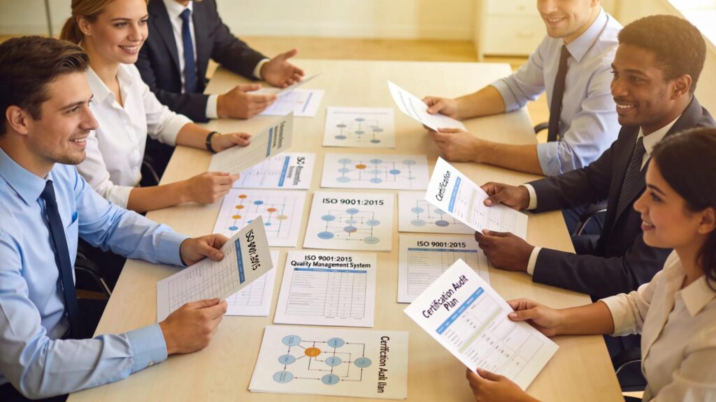 Executives discussing ISO audit preparation in a modern business meeting, showcasing teamwork and quality management