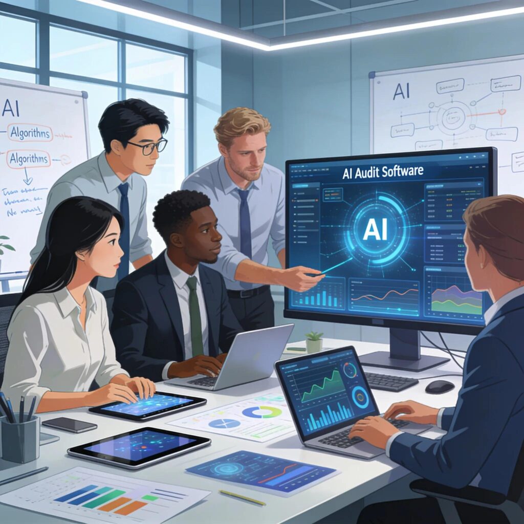 Collaborative professionals using AI-audit software in a modern office, symbolizing innovation in certification processes