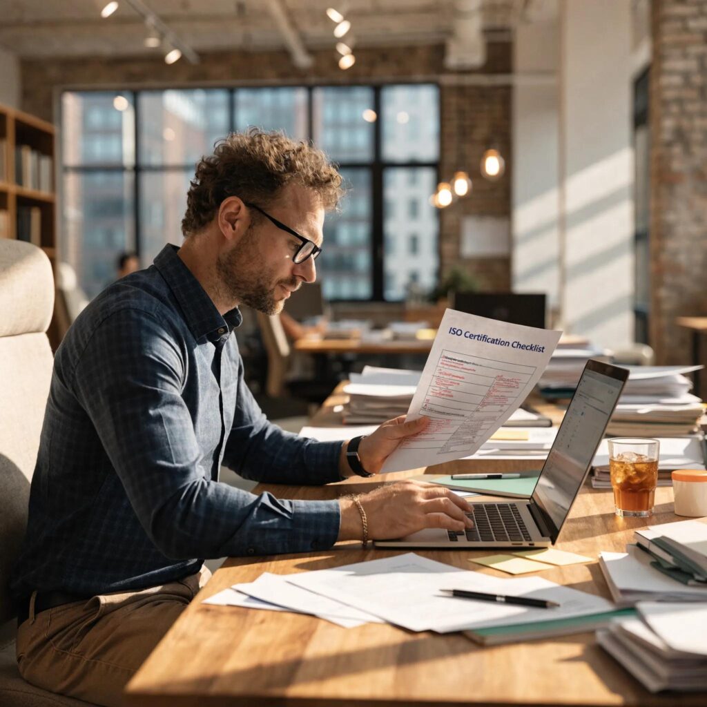 Image of an auditor reviewing ISO certification documents in a professional workspace