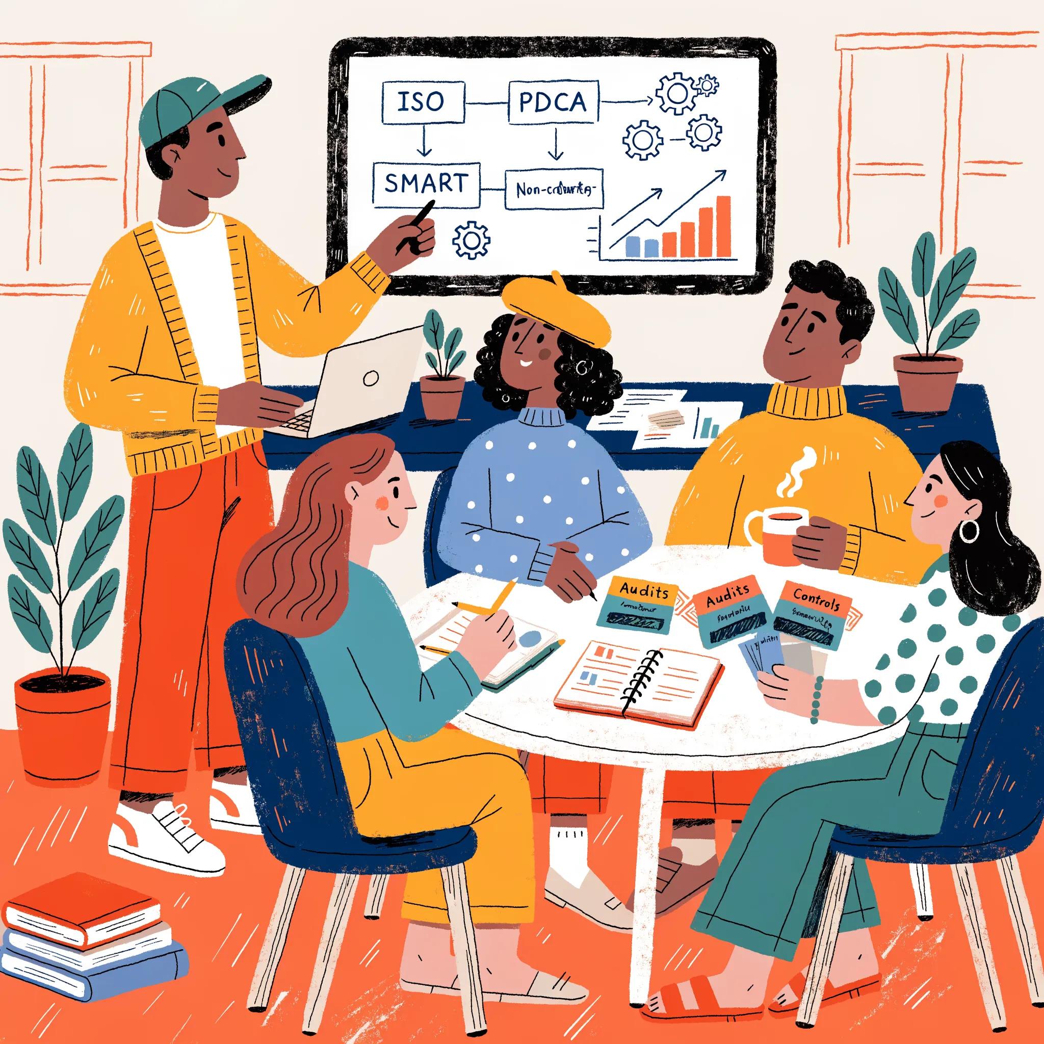 Illustratie van ISO, PDCA en SMART concepten met uitlegkaarten en audits in een teamomgeving.