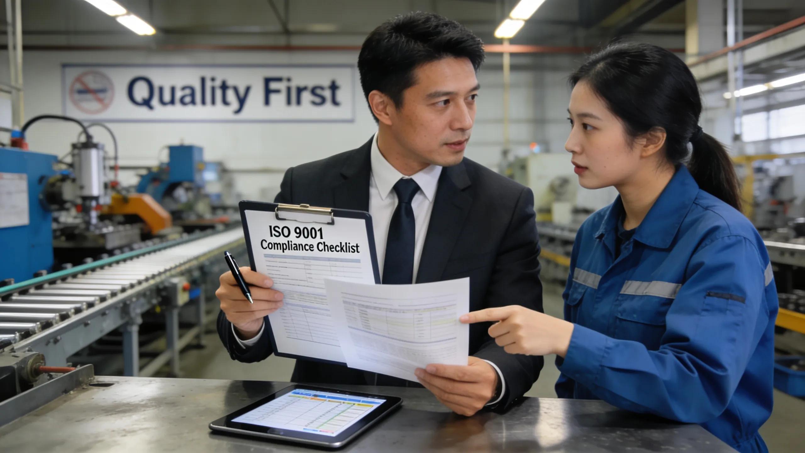 Auditor performing ISO compliance checks at a manufacturing site