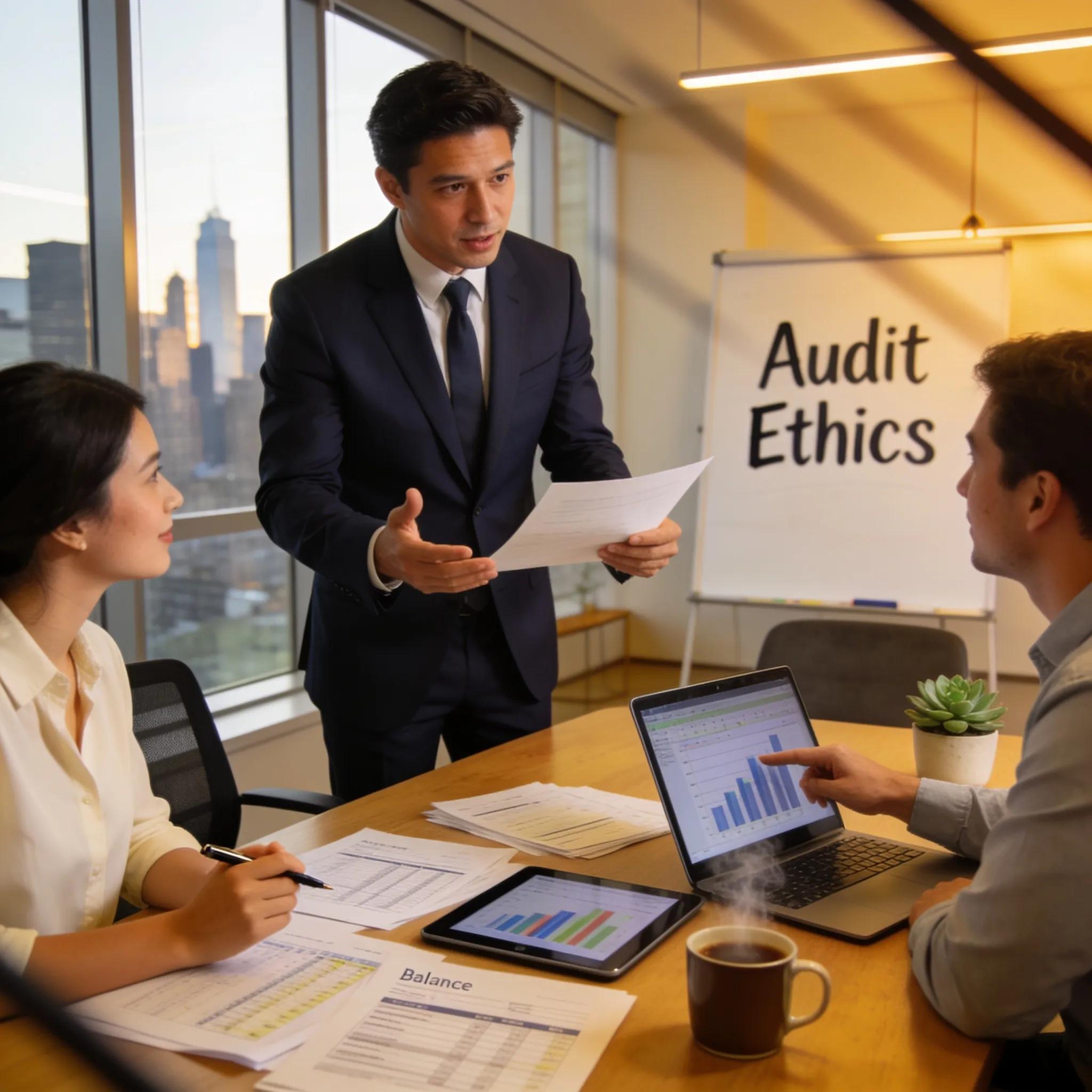 Auditor bespreekt audit ethiek met team in kantoor omgeving, documenten en grafieken op tafel.